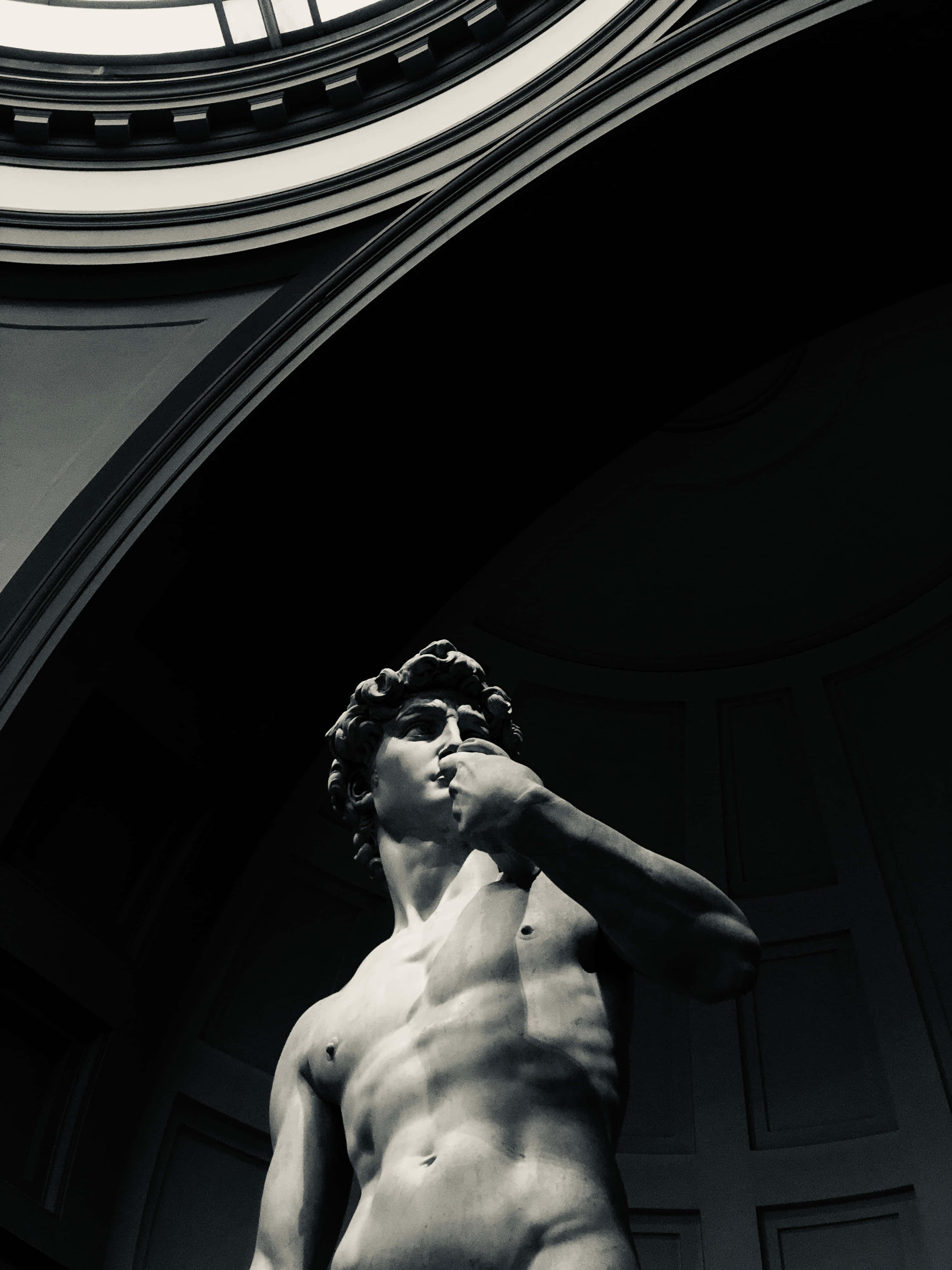 Michelangelo 桌布 壁紙 — 在大型圓形天窗下，米開朗基羅的大衛像的低角度黑白戲劇性照片。