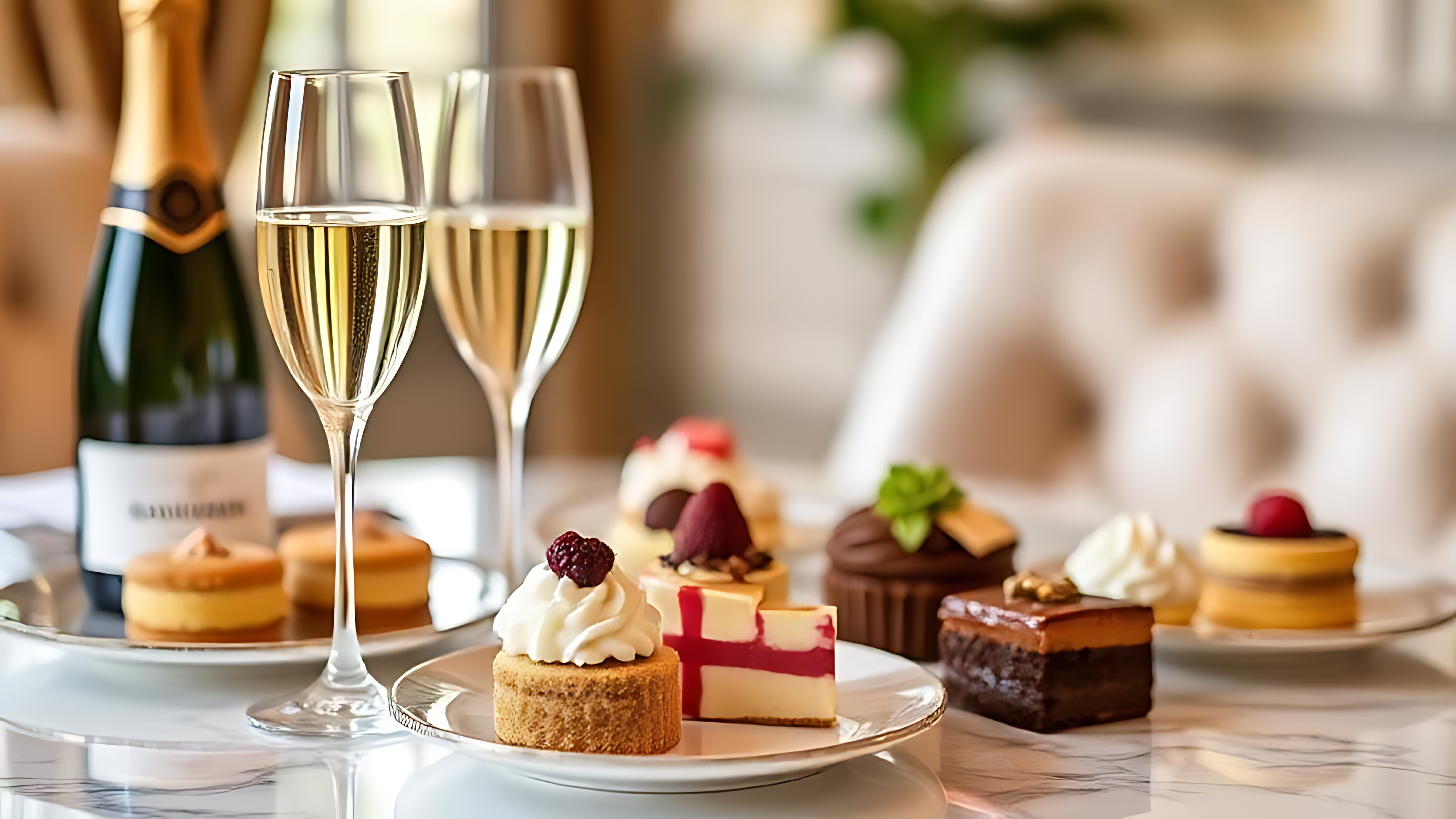 Champagne 桌布 壁紙 — 在大理石桌上，一瓶酒旁邊擺放著奢華的各式甜點和兩杯香檳。
