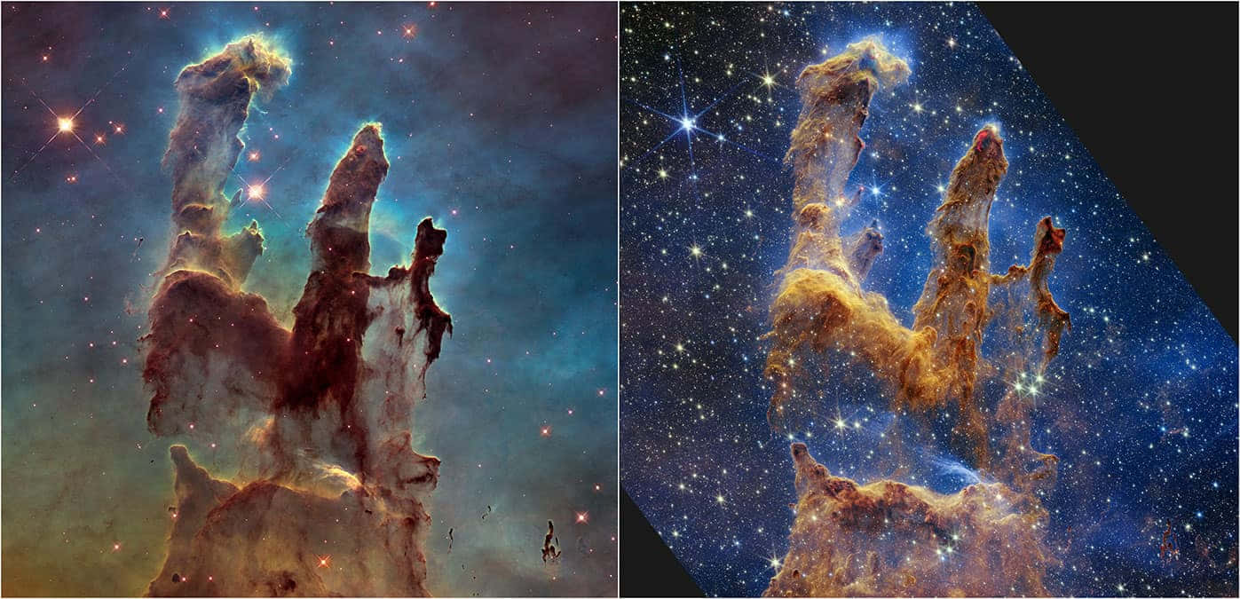 galaxies 桌布 壁紙 — 在天鷹星雲中，發光的氣體和塵埃宇宙柱狀結構在星場背景下雄偉地升起。