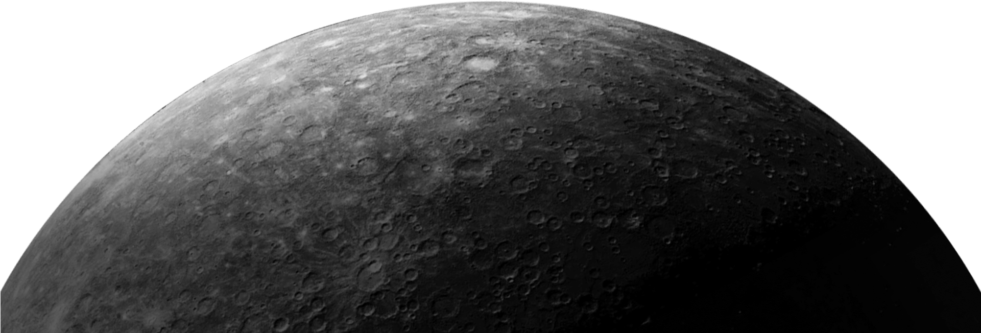 Mercury 桌布 壁紙 — 在太空虛無中閃耀的水星佈滿隕石坑表面的鮮明灰階視圖。