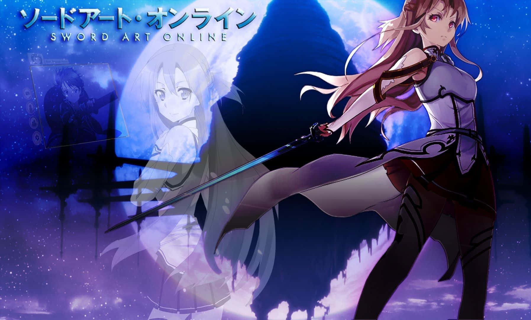 Yuuki Asuna 桌布 壁紙 — 在奇幻設定中，一位揮舞著發光藍色劍的動漫女孩，背景空靈。