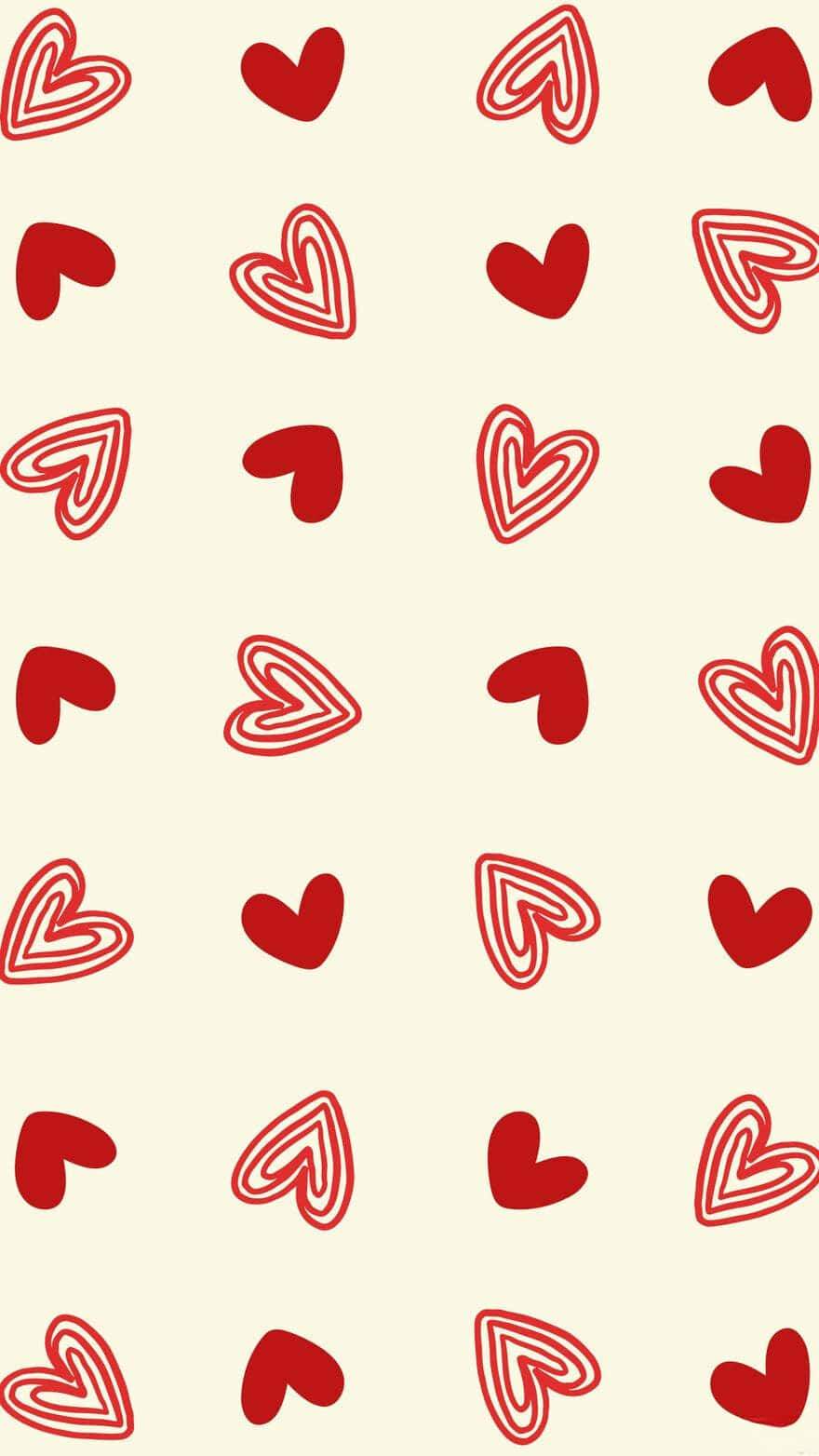 Cute Hearts 桌布 壁紙 — 在奶油色米白背景上，以各種輪廓風格重複排列的紅色心形圖案。