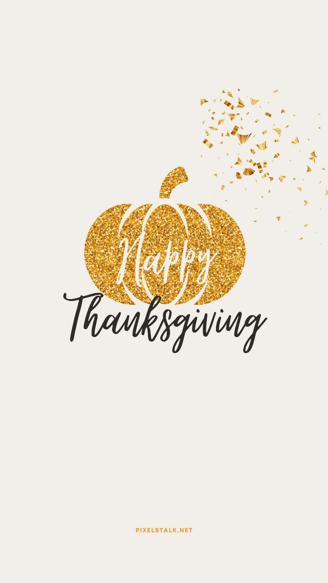 Beautiful Thanksgiving 桌布 壁紙 — 在奶油色背景上，一個閃閃發光的金色南瓜，帶有「Happy Thanksgiving」字樣和飄落的金色紙屑。