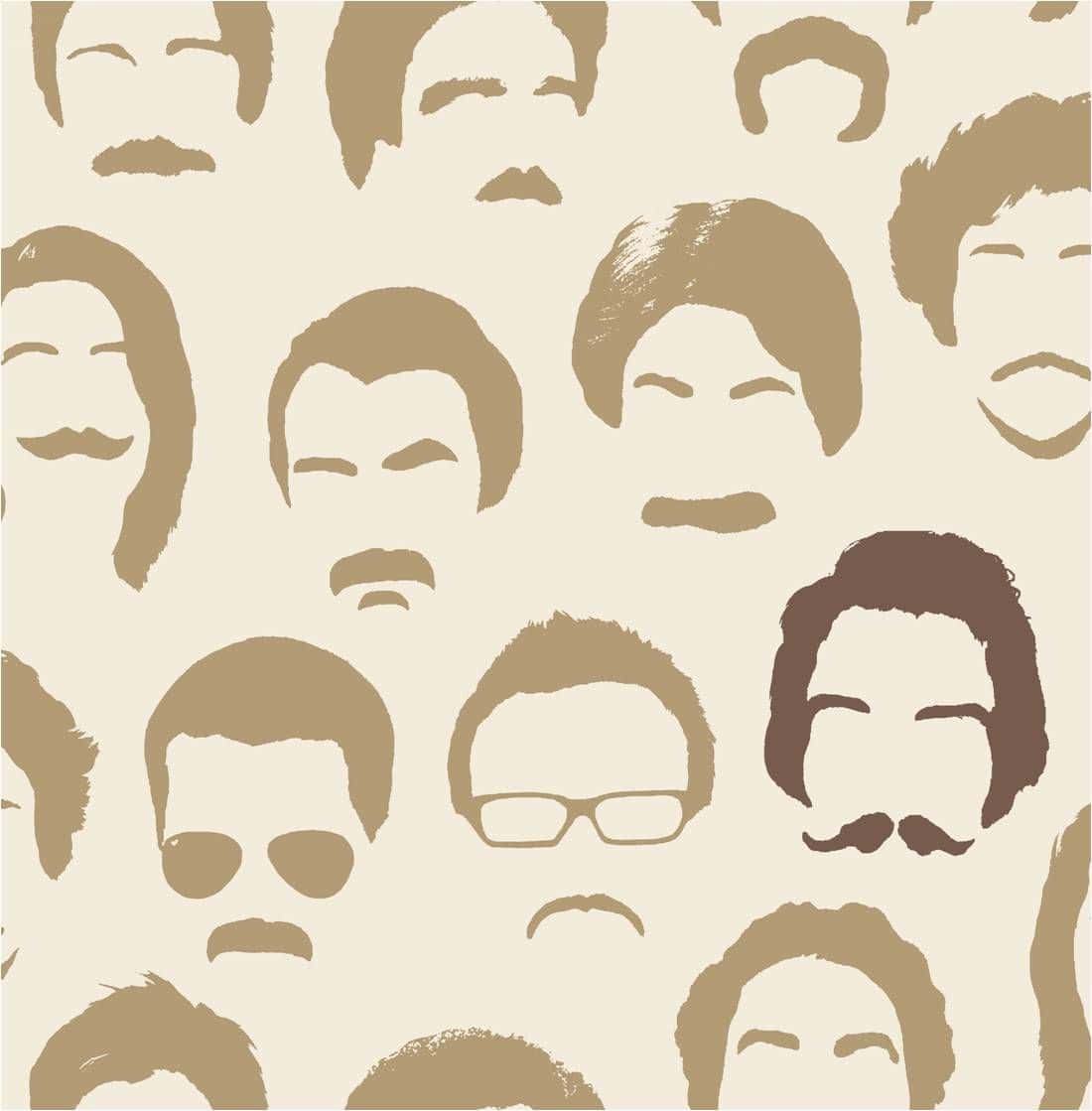 Grooming 桌布 壁紙 — 在奶油色背景上，以大地色調重複排列的風格化男性面孔圖案，帶有鬍鬚和多種髮型。