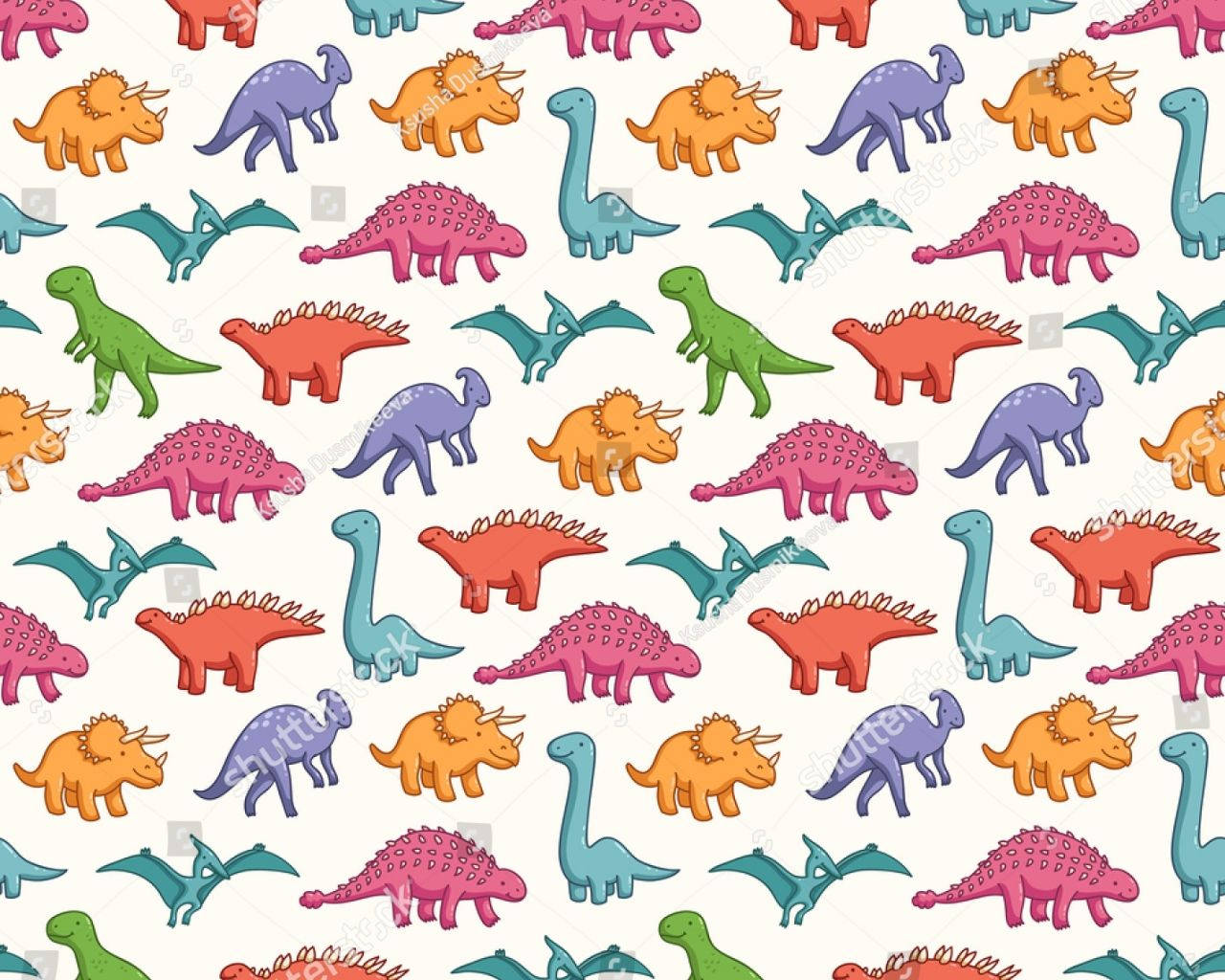 Cute Dinosaur Pattern 桌布 壁紙 — 在奶油色背景上，以柔和色調呈現色彩繽紛的卡通恐龍，形成俏皮的重複圖案。