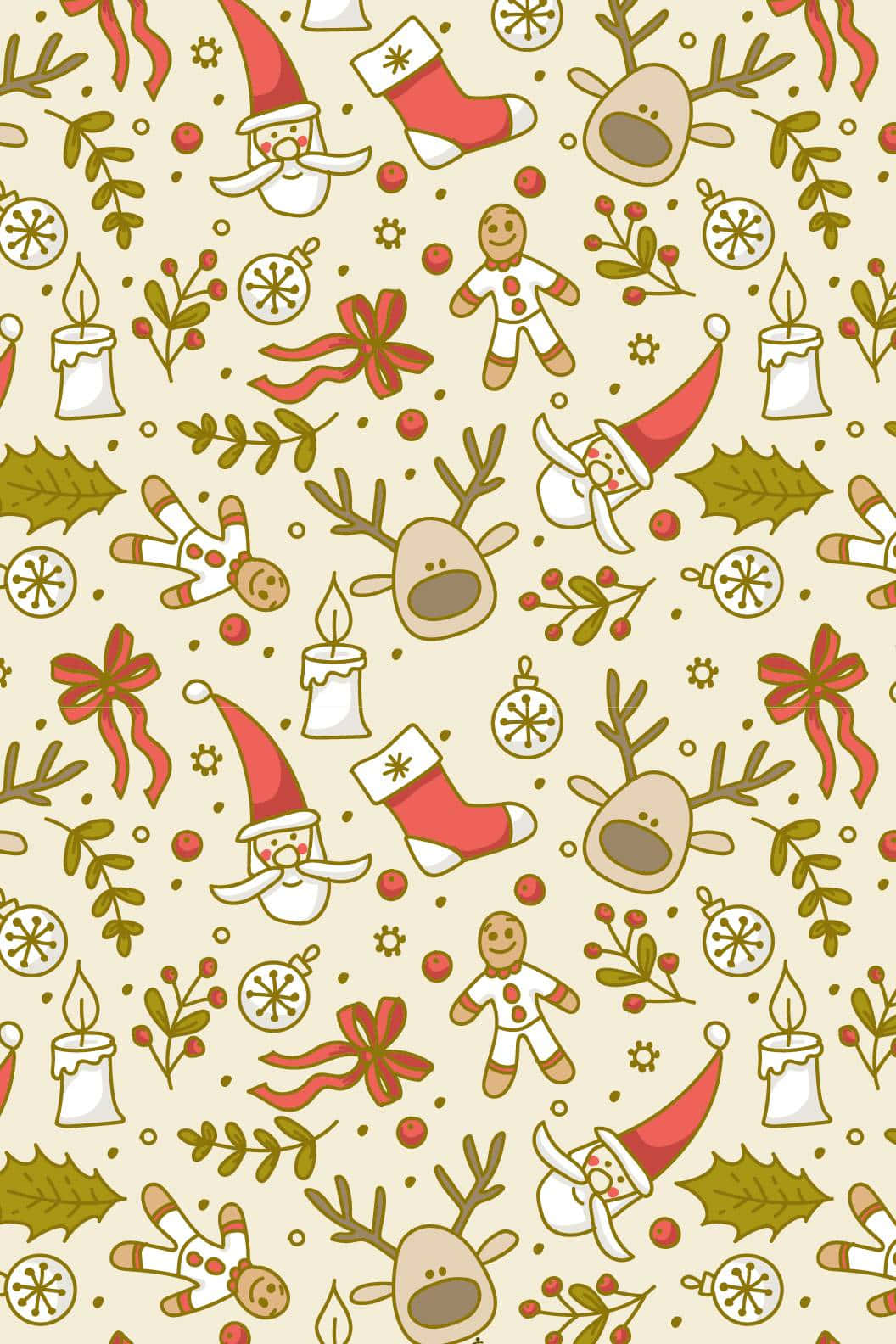 Christmas Pattern 桌布 壁紙 — 在奶油色背景上，卡通馴鹿、薑餅人、蠟燭和冬青的歡樂重複圖案。