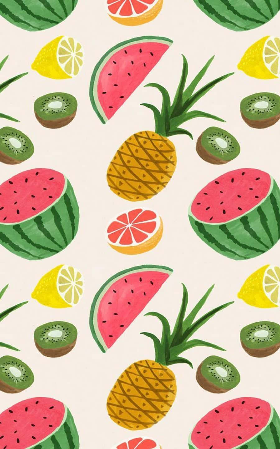 Tropical 桌布 壁紙 — 在奶油色背景上，生動的插圖圖案，包括切片西瓜、鳳梨、奇異果和柑橘類水果。