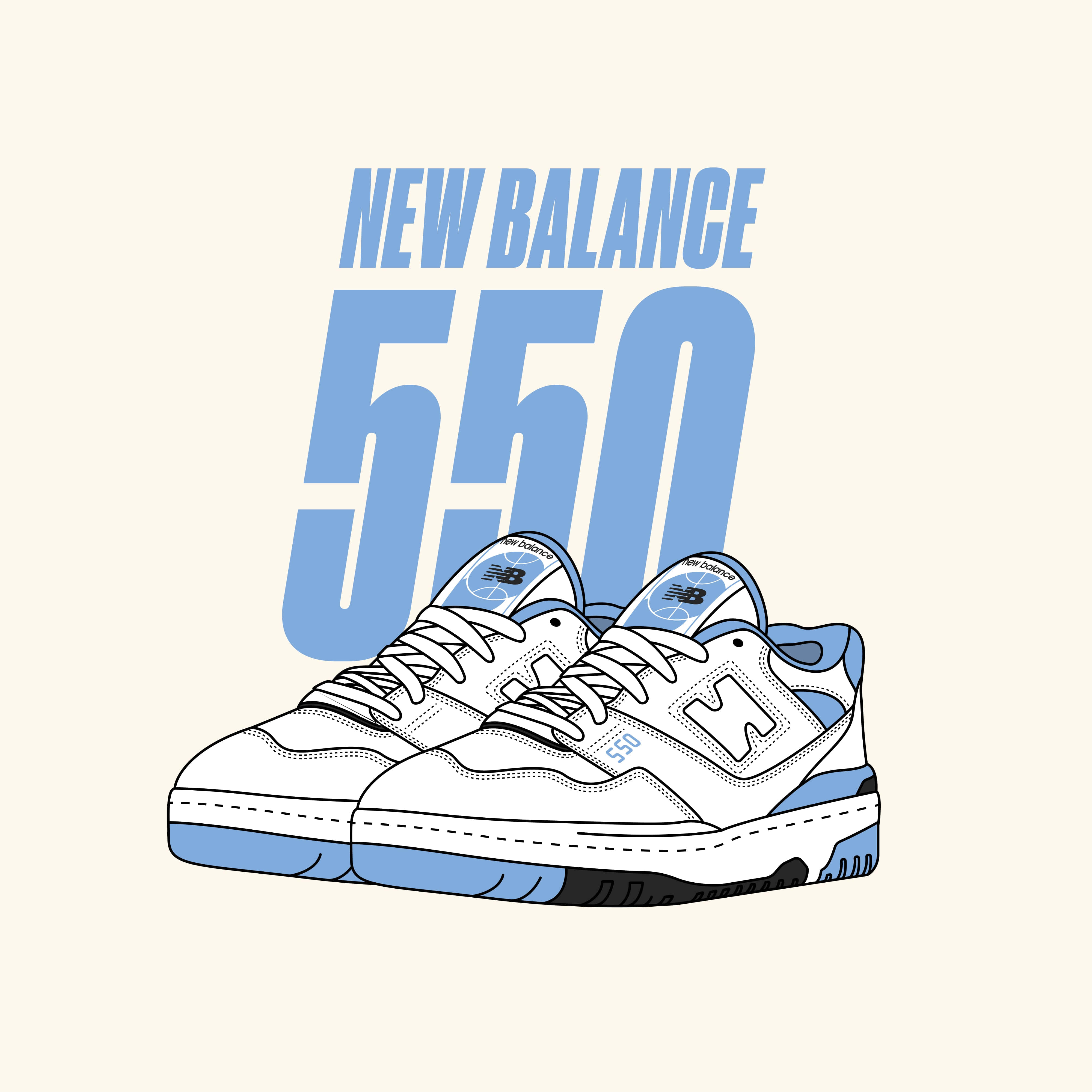 New Balance 桌布 壁紙 — 在奶油色背景上，白色和藍色New Balance 550運動鞋的極簡插圖，其後有粗體藍色文字。