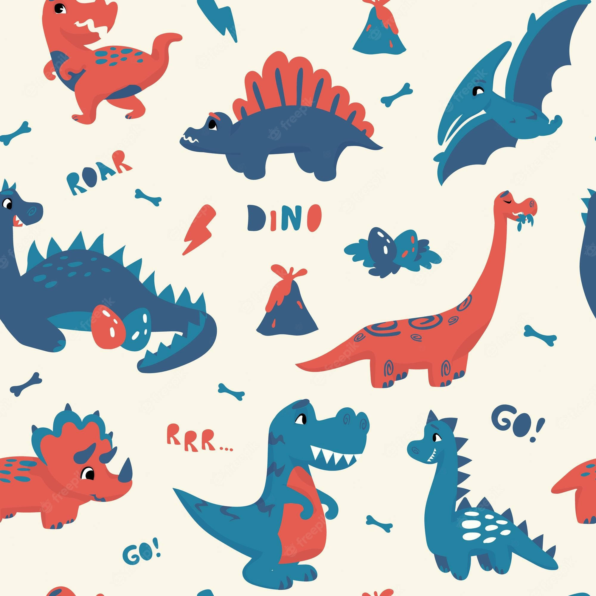 Cute Dinosaur Pattern 桌布 壁紙 — 在奶油色背景上，紅色和藍色的可愛卡通恐龍，帶有骨頭和火山圖案。