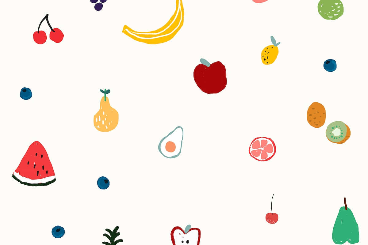 Fruits 桌布 壁紙 — 在奶油色背景上，色彩繽紛的手繪水果和蔬菜以俏皮散落的圖案呈現。