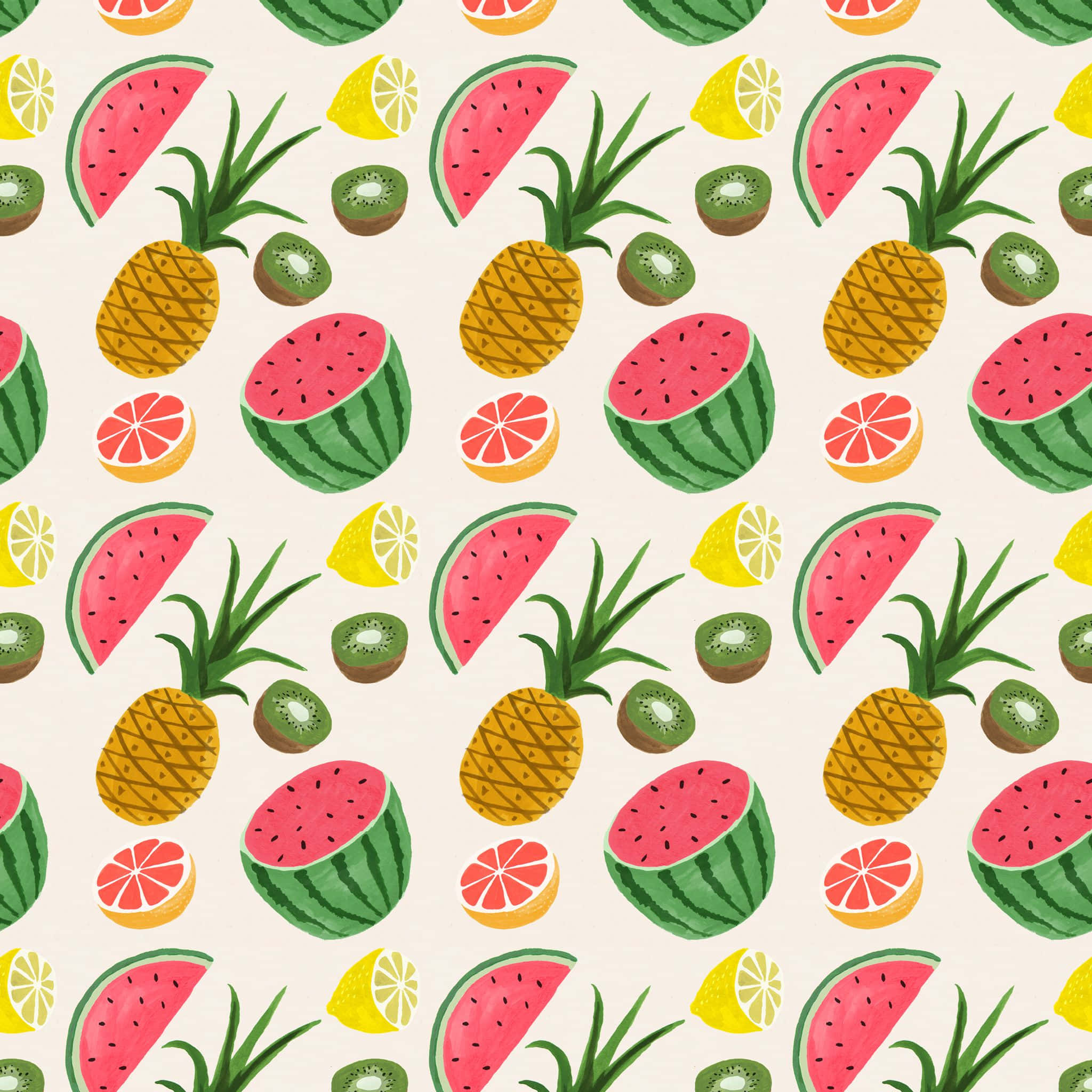 Kawaii Fruit 桌布 壁紙 — 在奶油色背景上，西瓜、鳳梨、奇異果和柑橘類水果切片組成的鮮豔重複圖案。