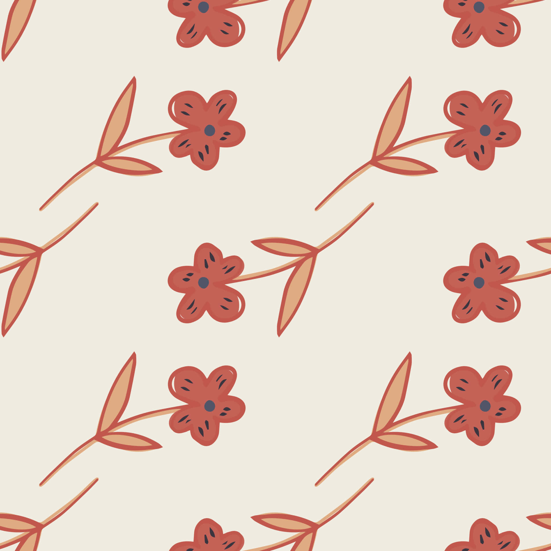 Vintage Flowers 桌布 壁紙 — 在奶油色背景上，重複的圖案，包含風格化的紅色花朵，帶有深色花心和米色花莖。