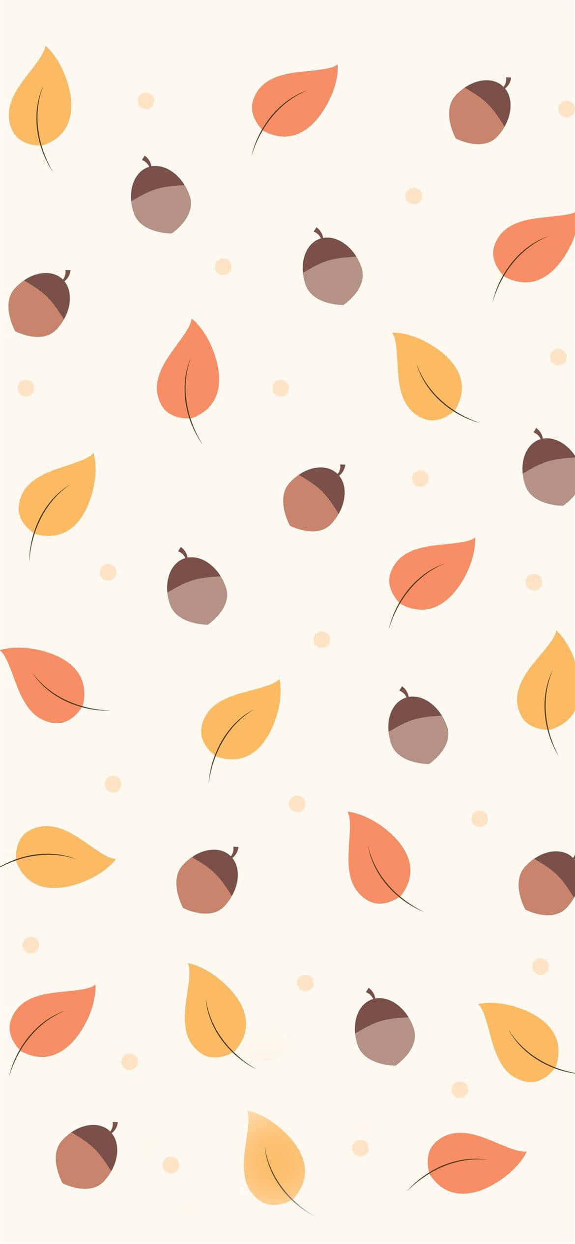 Cute Autumn iPhone 桌布 壁紙 — 在奶油色背景上，重複的風格化秋葉和橡實圖案，採用溫暖的橙色、黃色和棕色色調。
