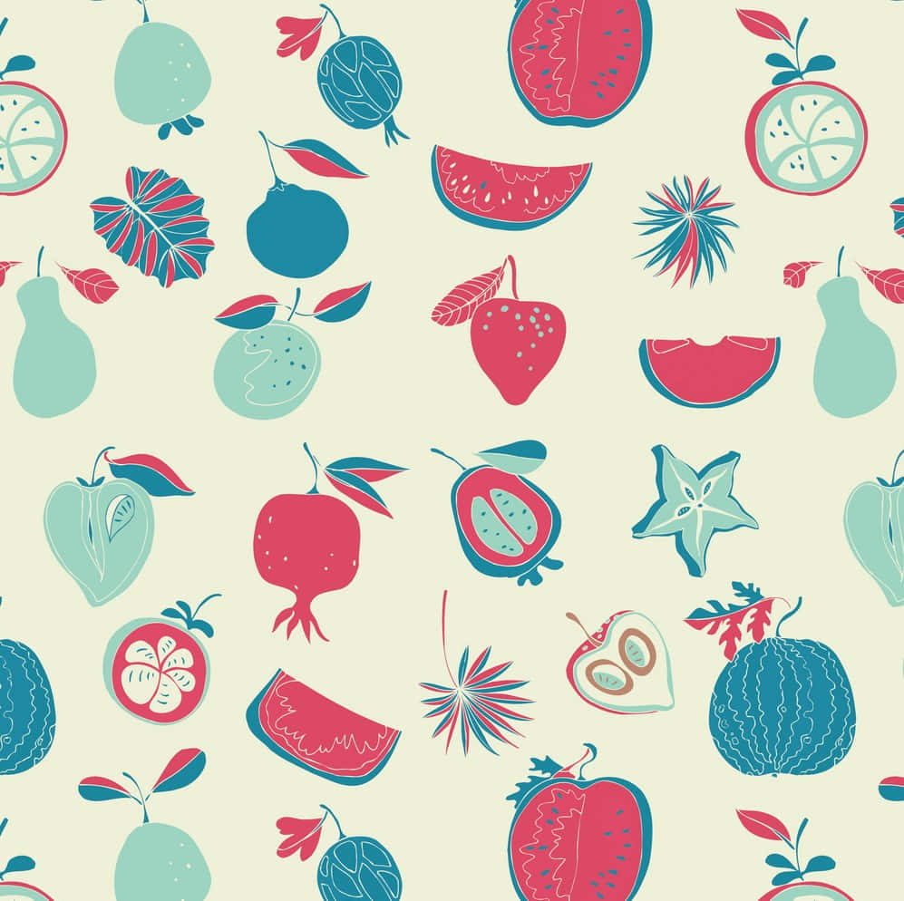 Fruits 桌布 壁紙 — 在奶油色背景上，青綠色、粉紅色和紅色的鮮明風格化水果和葉子創造出俏皮的重複圖案。