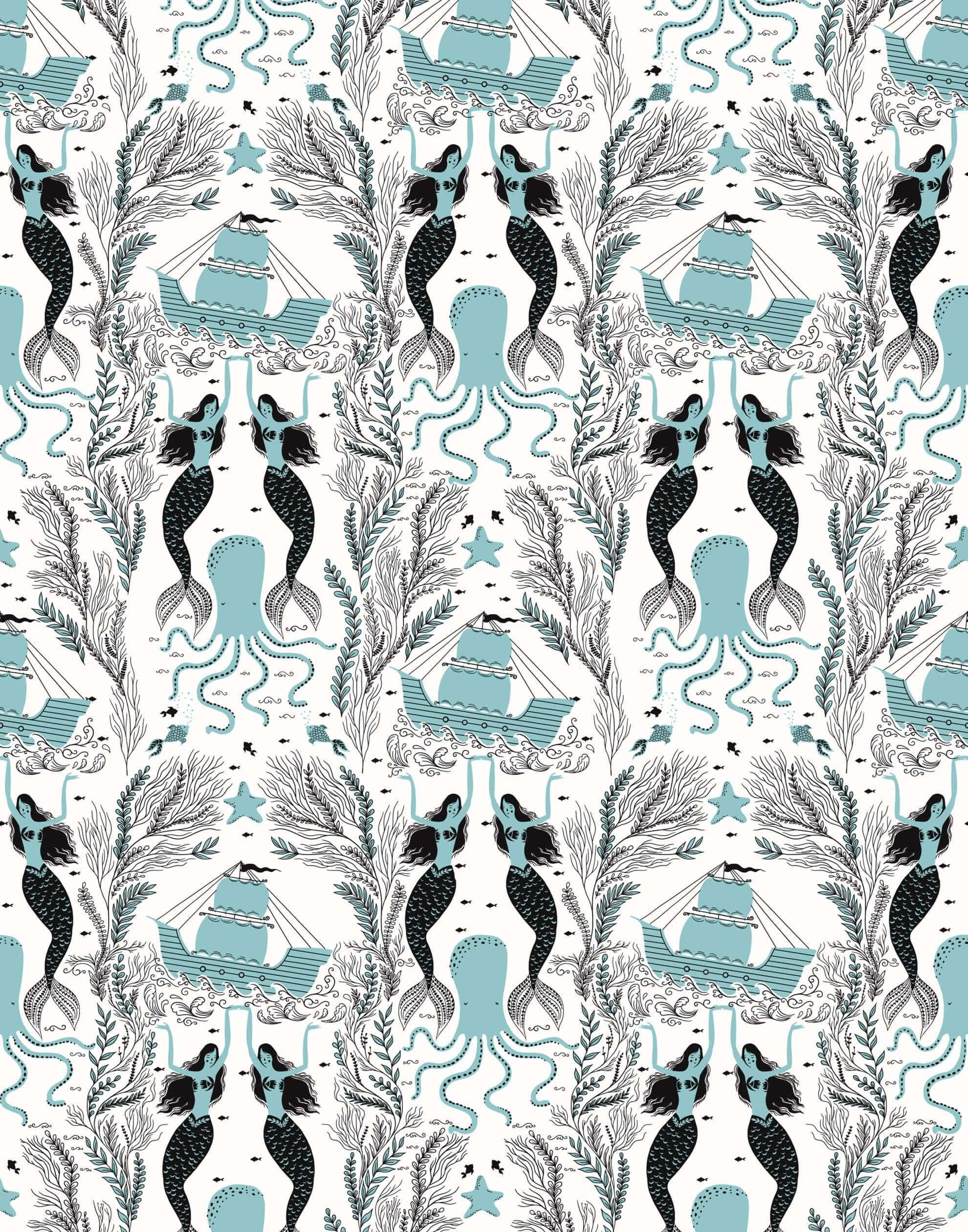 Illustration Art 桌布 壁紙 — 在奶油色背景上，黑色海藻中重複出現青綠色美人魚、船隻和章魚的圖案。
