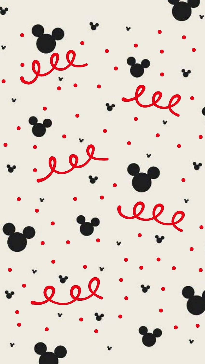 Disney Pattern 桌布 壁紙 — 在奶油色背景上，黑色米奇老鼠頭和紅色塗鴉的俏皮圖案。