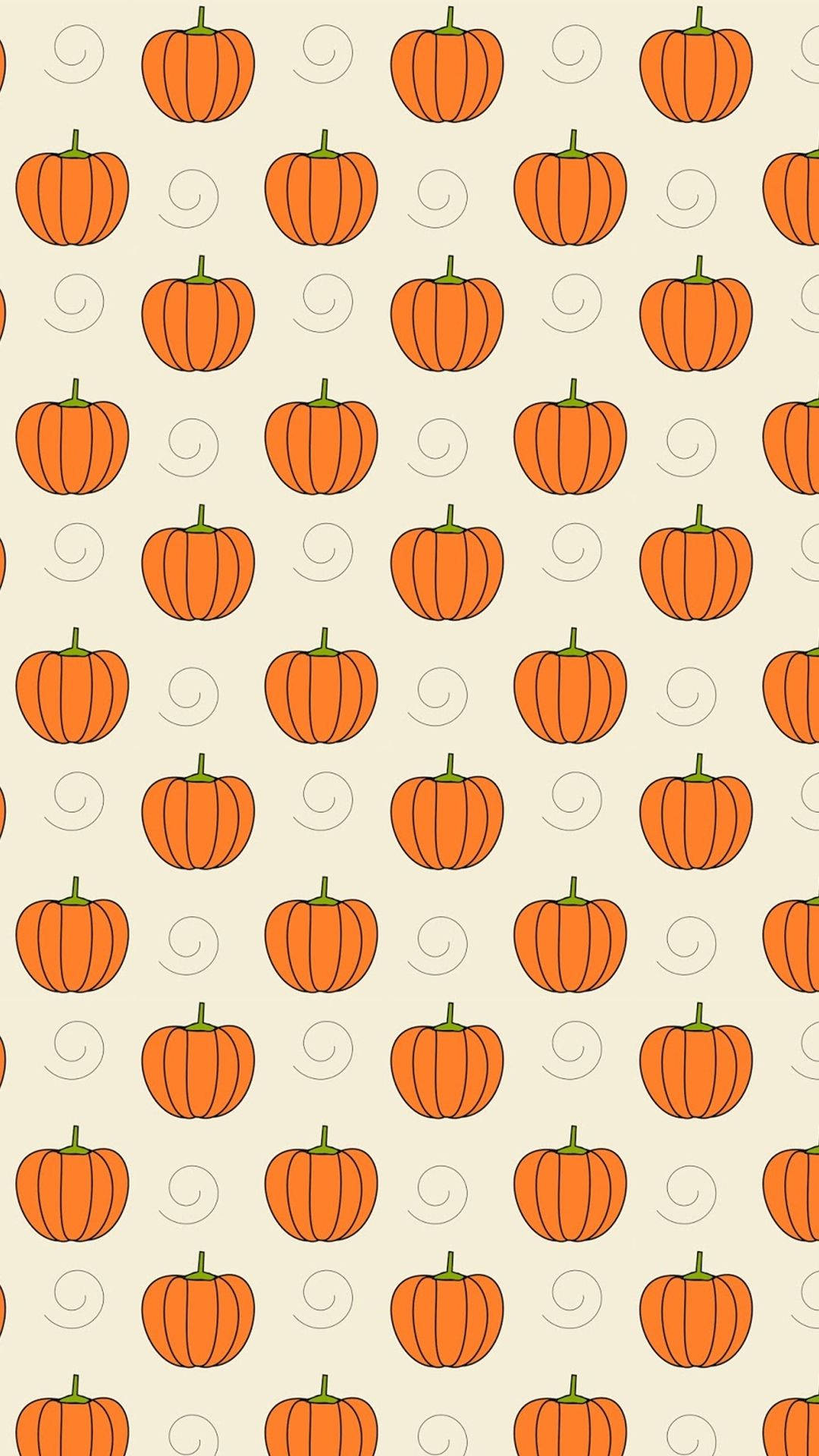 Halloween iPad 桌布 壁紙 — 在奶油色背景上帶有微妙漩渦的橙色南瓜重複圖案，南瓜帶有綠色莖。