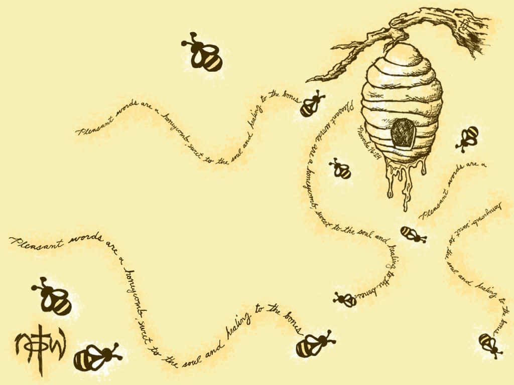 桌布 壁紙 — 在奶油色背景上手繪的蜂巢插圖，帶有蜜蜂和旋轉的手寫文字。