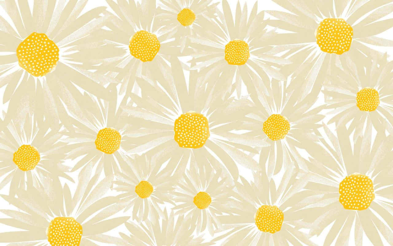 Blooming Flower 桌布 壁紙 — 在奶油色背景上重複出現的風格化雛菊圖案，帶有黃色花心和白色花瓣。