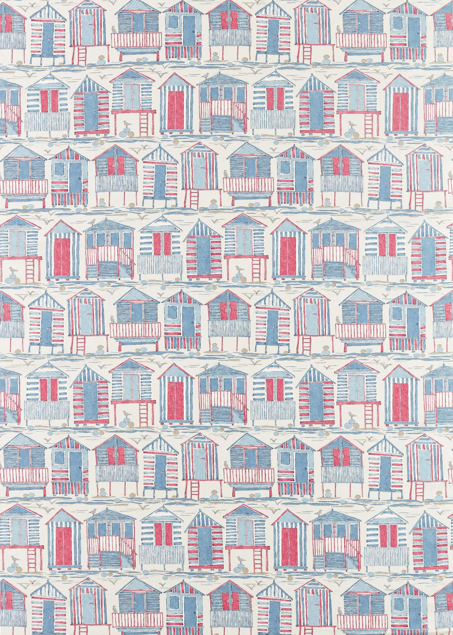 Beach Huts 桌布 壁紙 — 在奶油色背景上重複出現紅藍條紋海灘小屋的圖案，帶有手繪魅力。