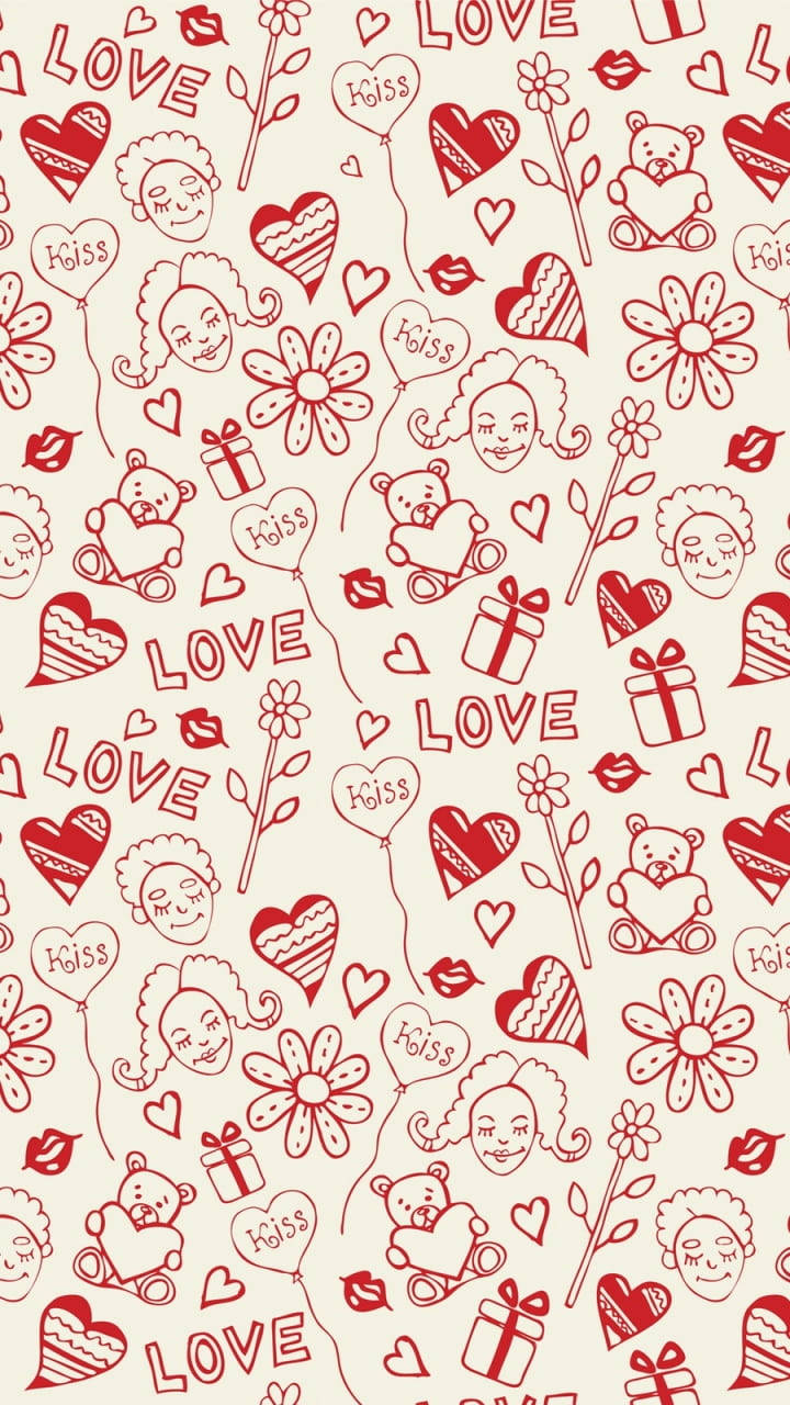 Love Drawings 桌布 壁紙 — 在奶油色背景上重複的紅色線條繪製的心形、花朵、泰迪熊和笑臉圖案。