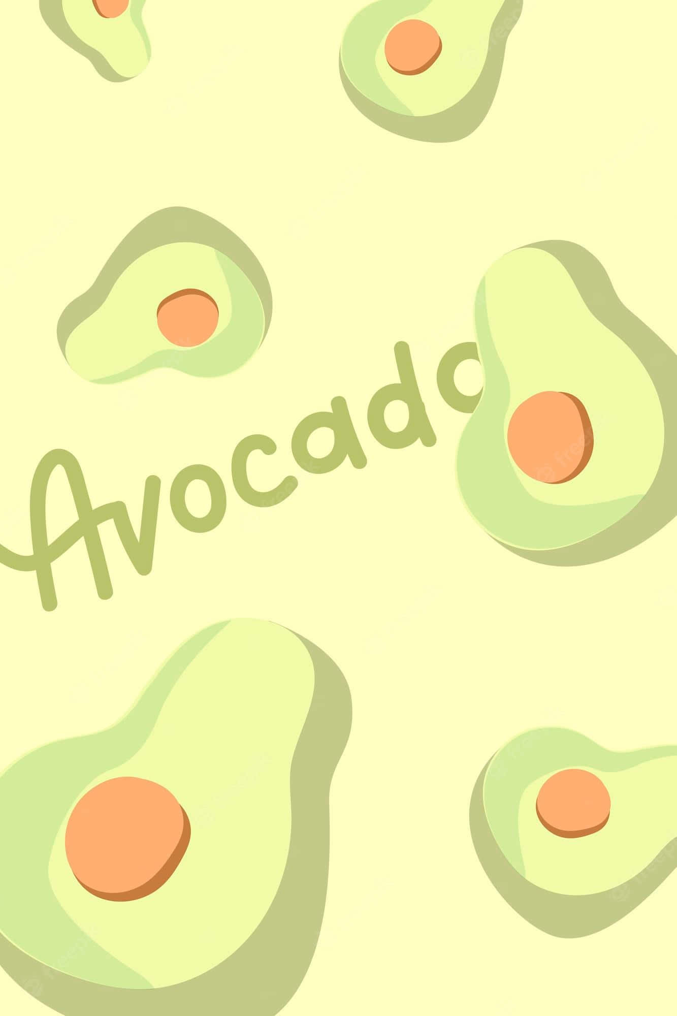 Cute Avocado 桌布 壁紙 — 在奶油黃色背景上，帶有橙色果核的切片酪梨的柔和綠色圖案。