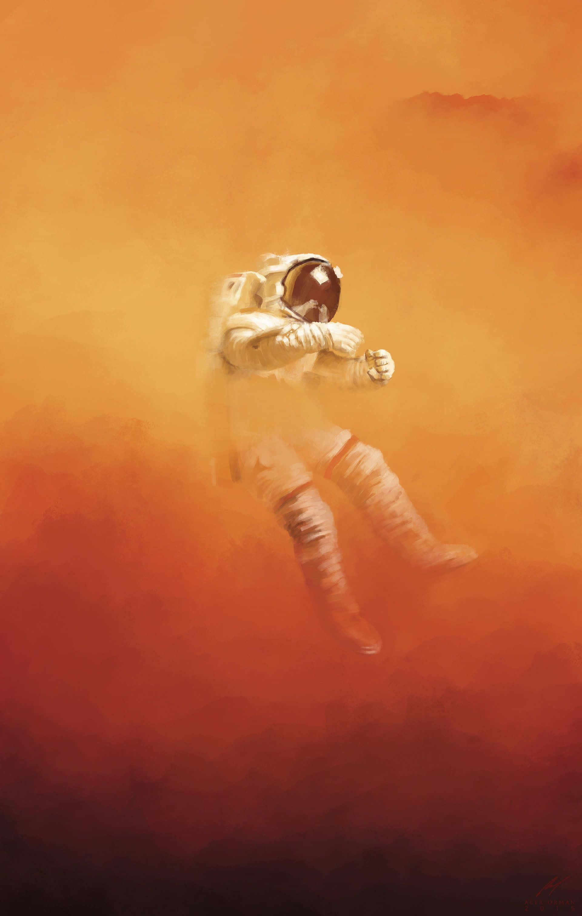 The Martian 桌布 壁紙 — 在如畫的數位藝術作品中，一名太空人無重力漂浮在橙紅漸變的天空前。
