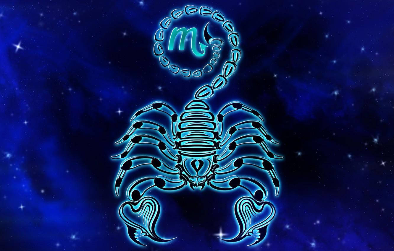 Stars 桌布 壁紙 — 在宇宙夜空背景下，帶有新月和星星的發光藍色天蠍座星座符號。