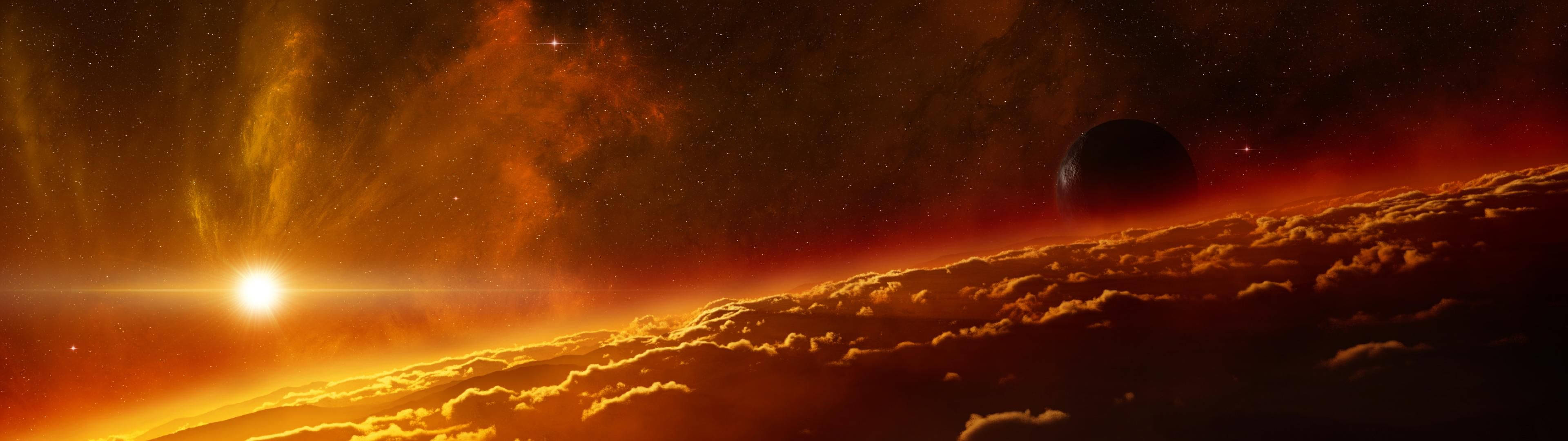 寬螢幕動態圖片 桌布 壁紙 — 在宇宙天空中，熾熱的日落覆蓋在外星雲層之上，有一顆發光的星星和一顆遙遠的行星。