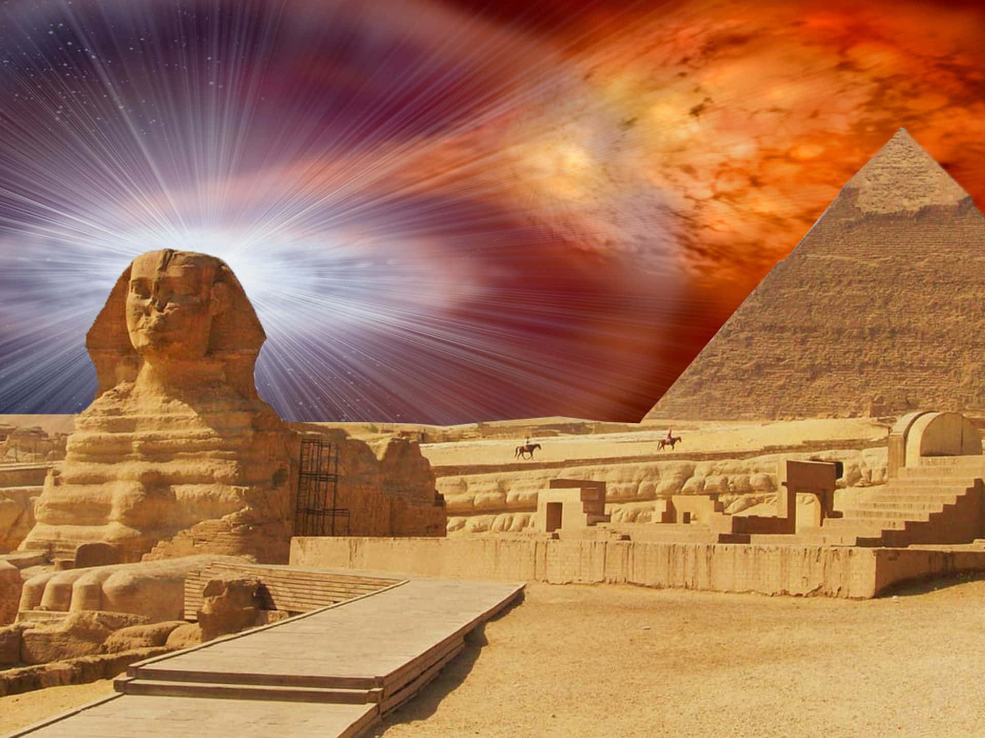 火焰動畫 桌布 壁紙 — 在宇宙射線和熾熱星雲下的獅身人面像和金字塔，呈現超現實沙漠場景。