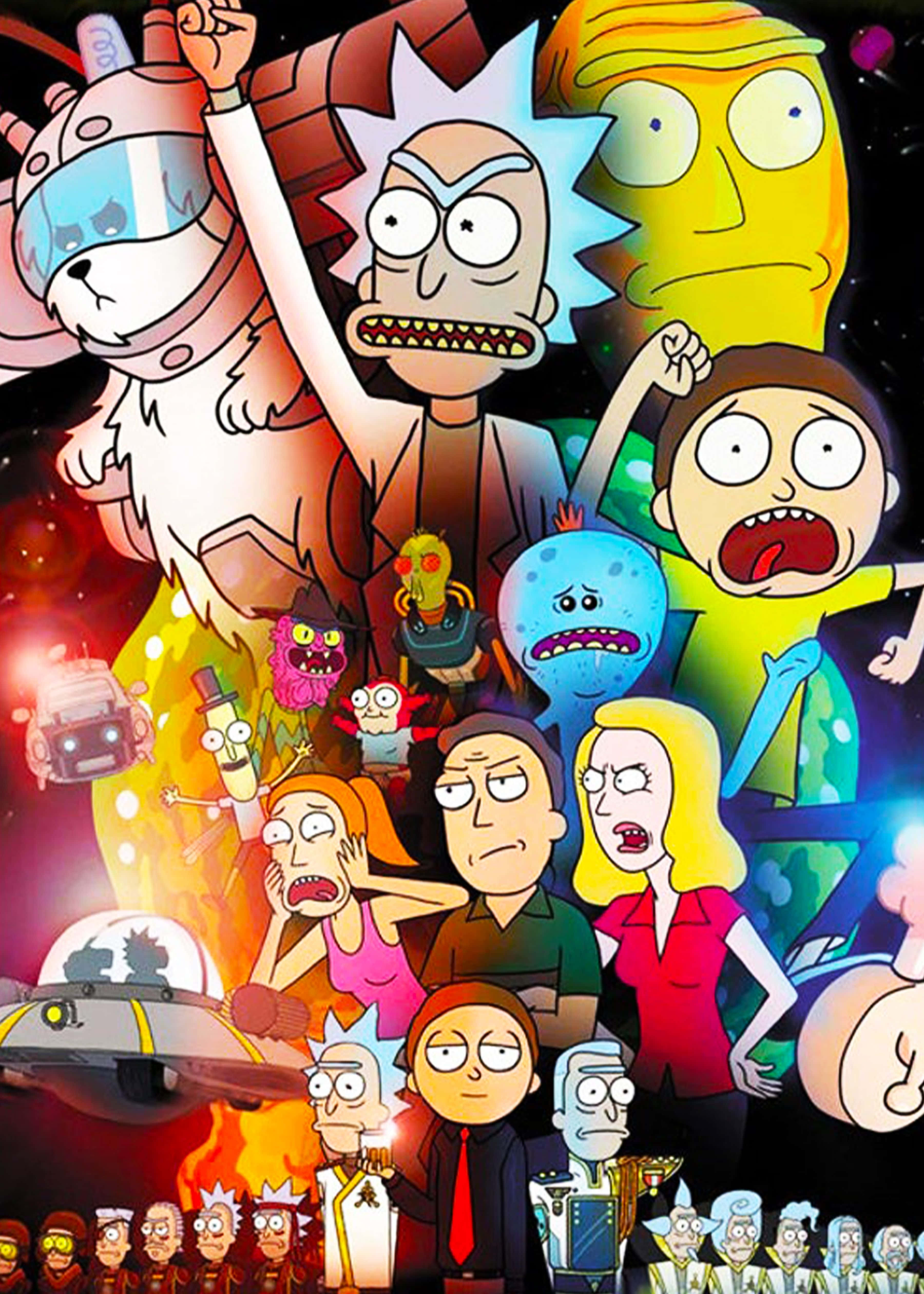 The Council Of Ricks 桌布 壁紙 — 在宇宙背景下，瑞克和莫蒂角色以充滿活力的卡通風格呈現混亂的爆炸場面。
