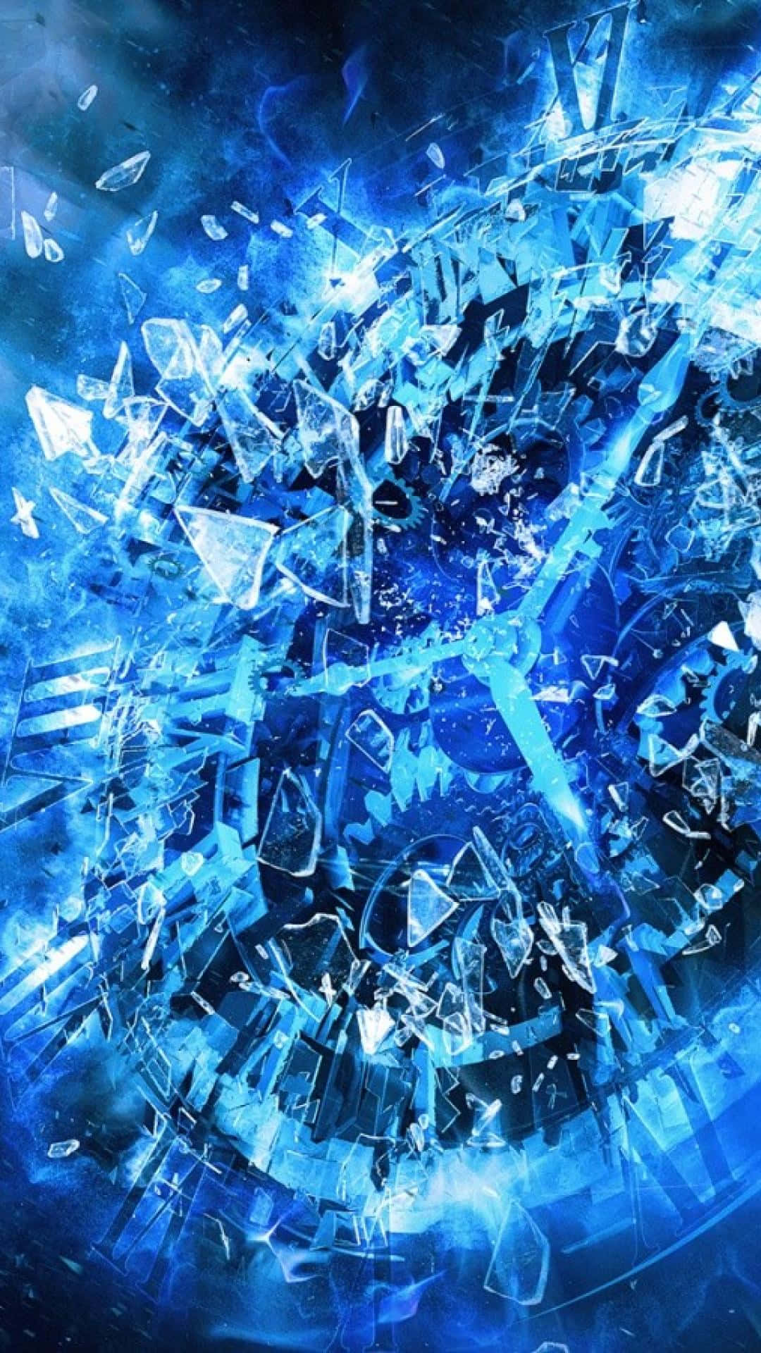 藝術 桌布 壁紙 — 在宇宙背景下，電光藍和深靛藍色調的碎玻璃碎片動態爆炸。