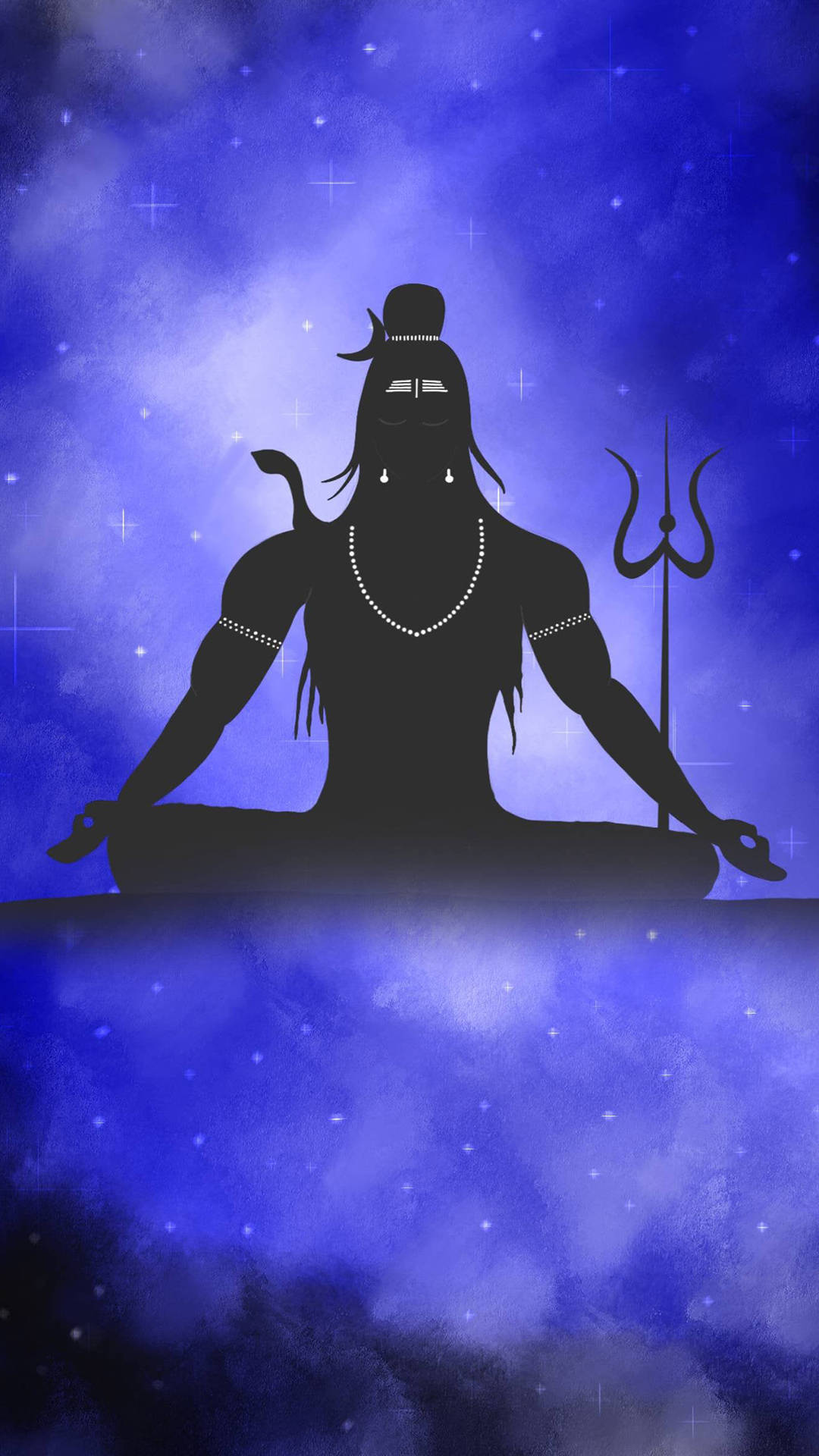 Mahadev Full HD 桌布 壁紙 — 在宇宙藍色星空下冥想的主濕婆剪影，帶有三叉戟和新月。