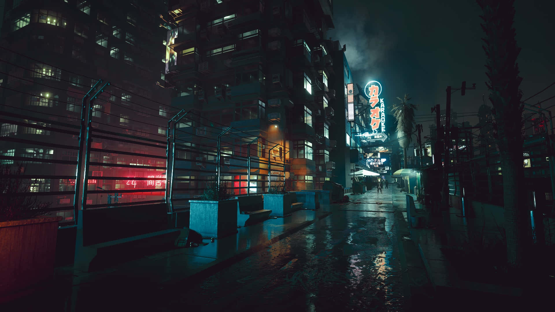 Night Street 桌布 壁紙 — 在密集的城市區域中，一條被雨水打濕、霓虹燈照亮的夜晚小巷，有發光的招牌和潮濕反光的路面。