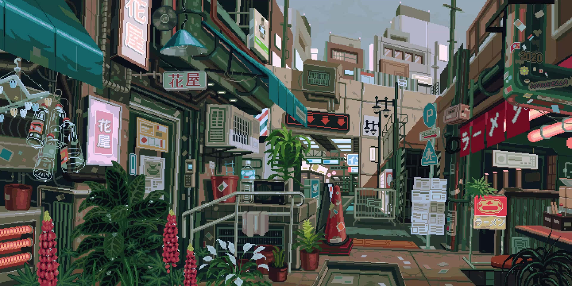 City Pixel Art 桌布 壁紙 — 在密集的日本城市景觀中，一條充滿活力的像素藝術小巷，掛滿了植物、霓虹燈招牌和堆疊的建築物，天空朦朧。