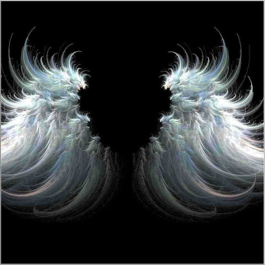 Angel Wings 桌布 壁紙 — 在對稱的數位構圖中，燦爛的白色和藍色羽毛翅膀在漆黑的虛空中展開。