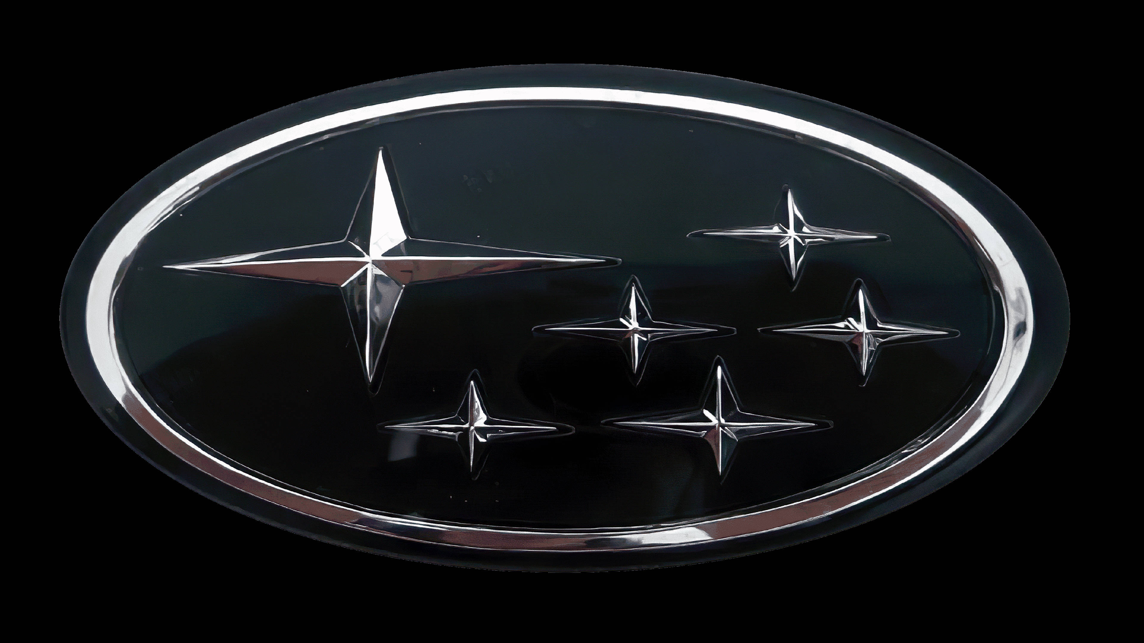 Subaru Logo 桌布 壁紙 — 在工作室燈光下，黑色背景上帶有六顆星的拋光鍍鉻 Subaru 標誌。