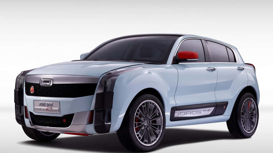 Qoros 桌布 壁紙 — 在工作室燈光下展示的時尚淺藍色Doros SUV，帶有黑色點綴和紅色飾邊細節。