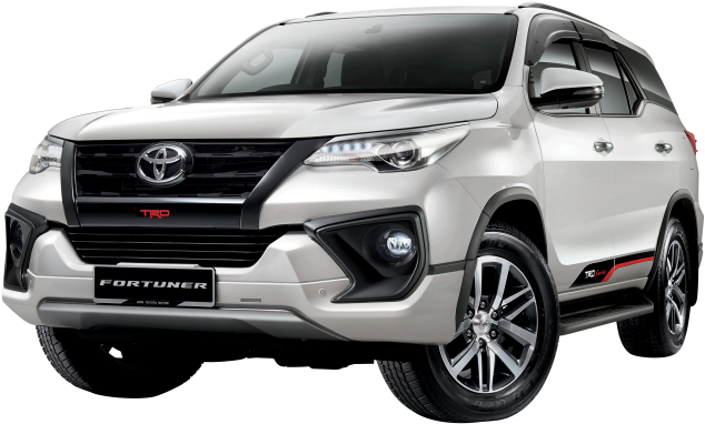 豐田 桌布 壁紙 — 在工作室燈光下展示的時尚銀色豐田 Fortuner SUV，帶有黑色飾邊和紅色細節。