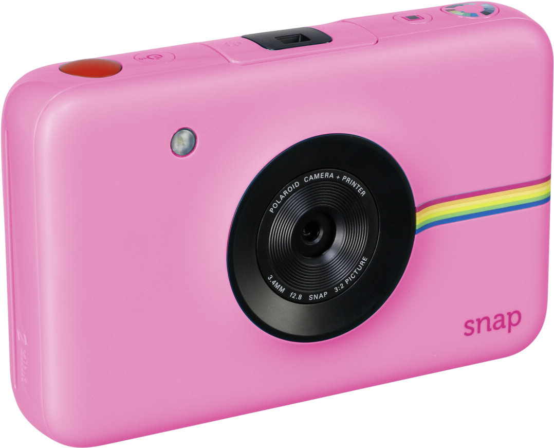 Snapchat 桌布 壁紙 — 在工作室燈光下展示的鮮豔粉紅色Polaroid Snap相機，帶有彩虹條紋和黑色鏡頭。