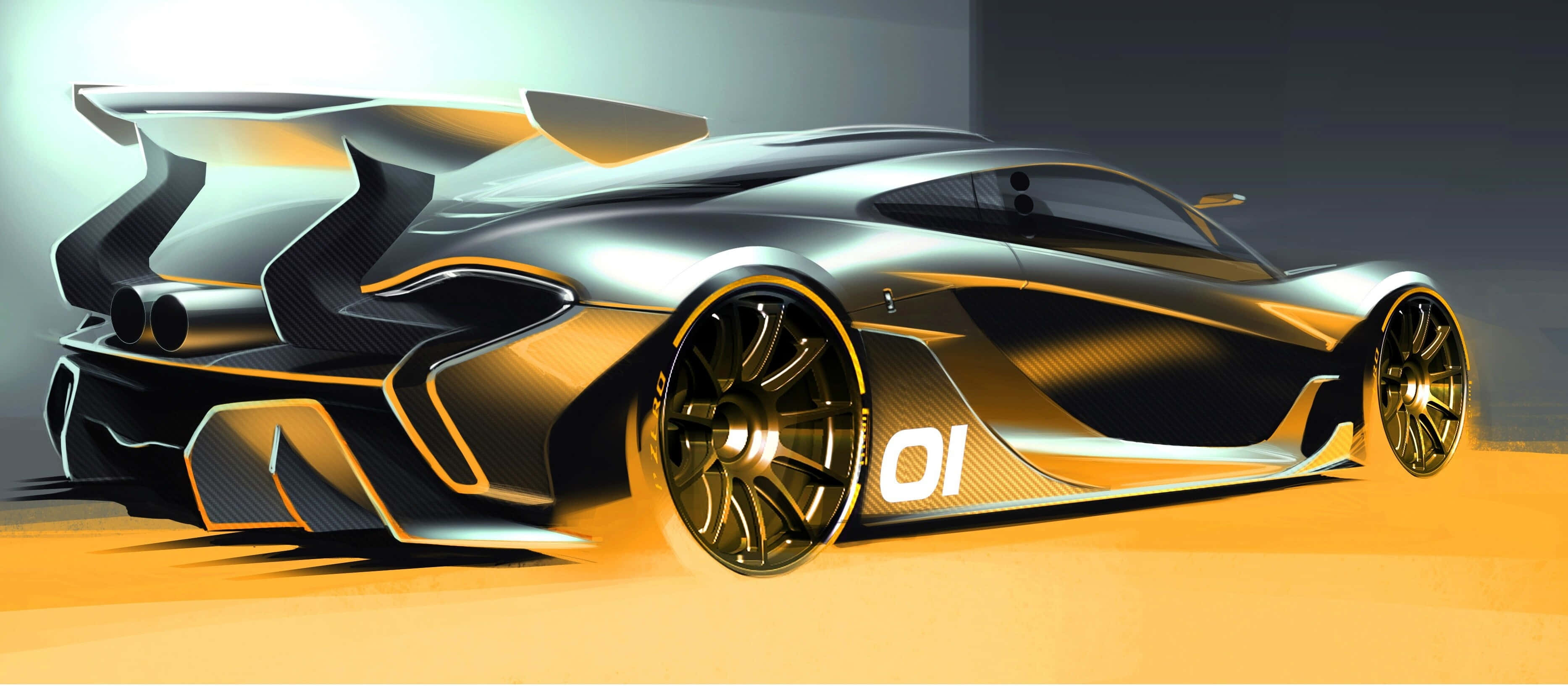 Cool Mclaren 桌布 壁紙 — 在工作室燈光下閃耀的時尚銀黑配色未來賽車，帶有金色點綴和大型後擾流板。