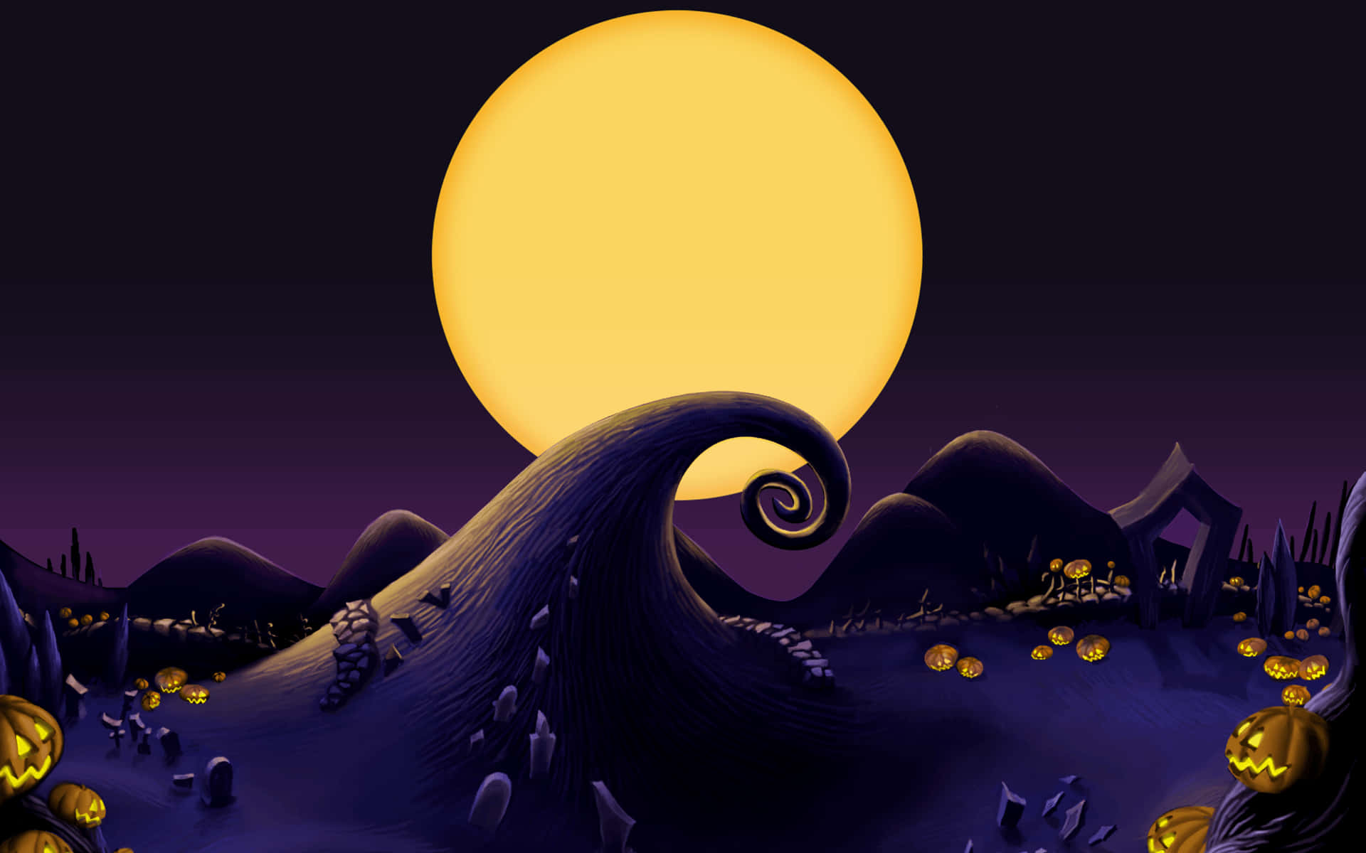 Sally Nightmare Before Christmas 桌布 壁紙 — 在巨型黃色月亮下，一個充滿奇思妙想的萬聖節景觀，有發光的南瓜燈和扭曲的紫色山丘。