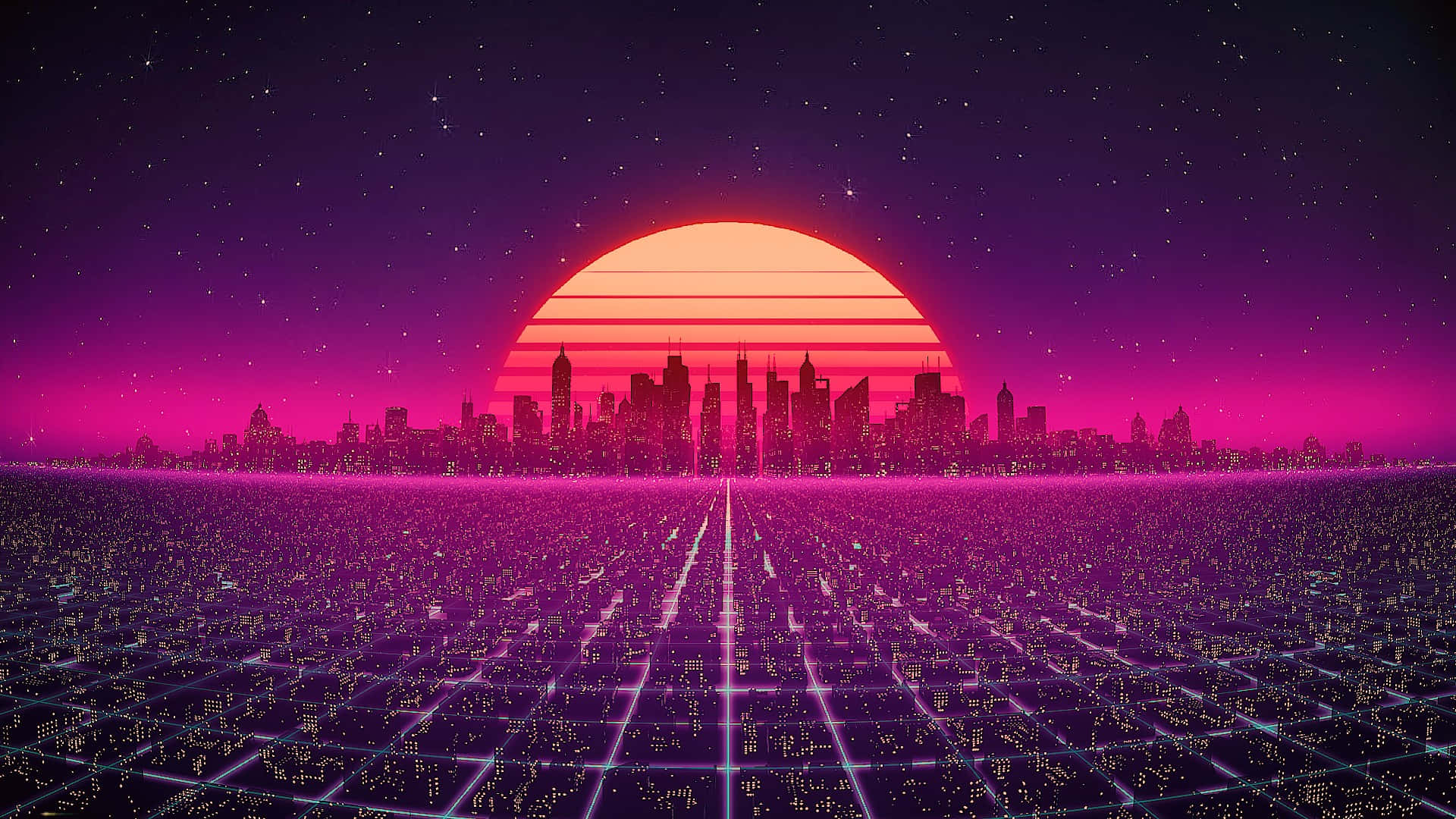Starry Sky 桌布 壁紙 — 在巨大的條紋日落下，發光的網格線向地平線延伸的復古未來主義城市景觀。