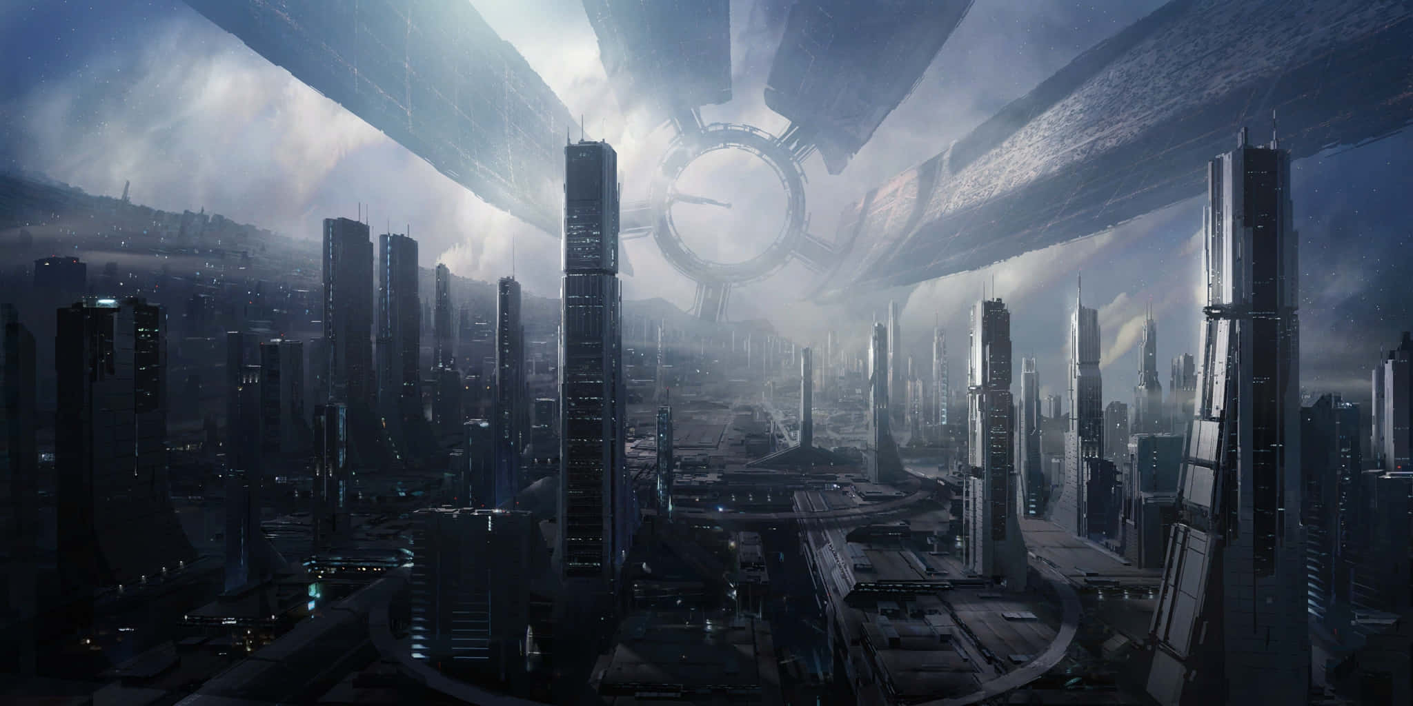 Mass Effect Citadel 桌布 壁紙 — 在巨大的環形太空船下，未來主義的城市景觀，高聳的摩天大樓和霧氣瀰漫的氛圍。