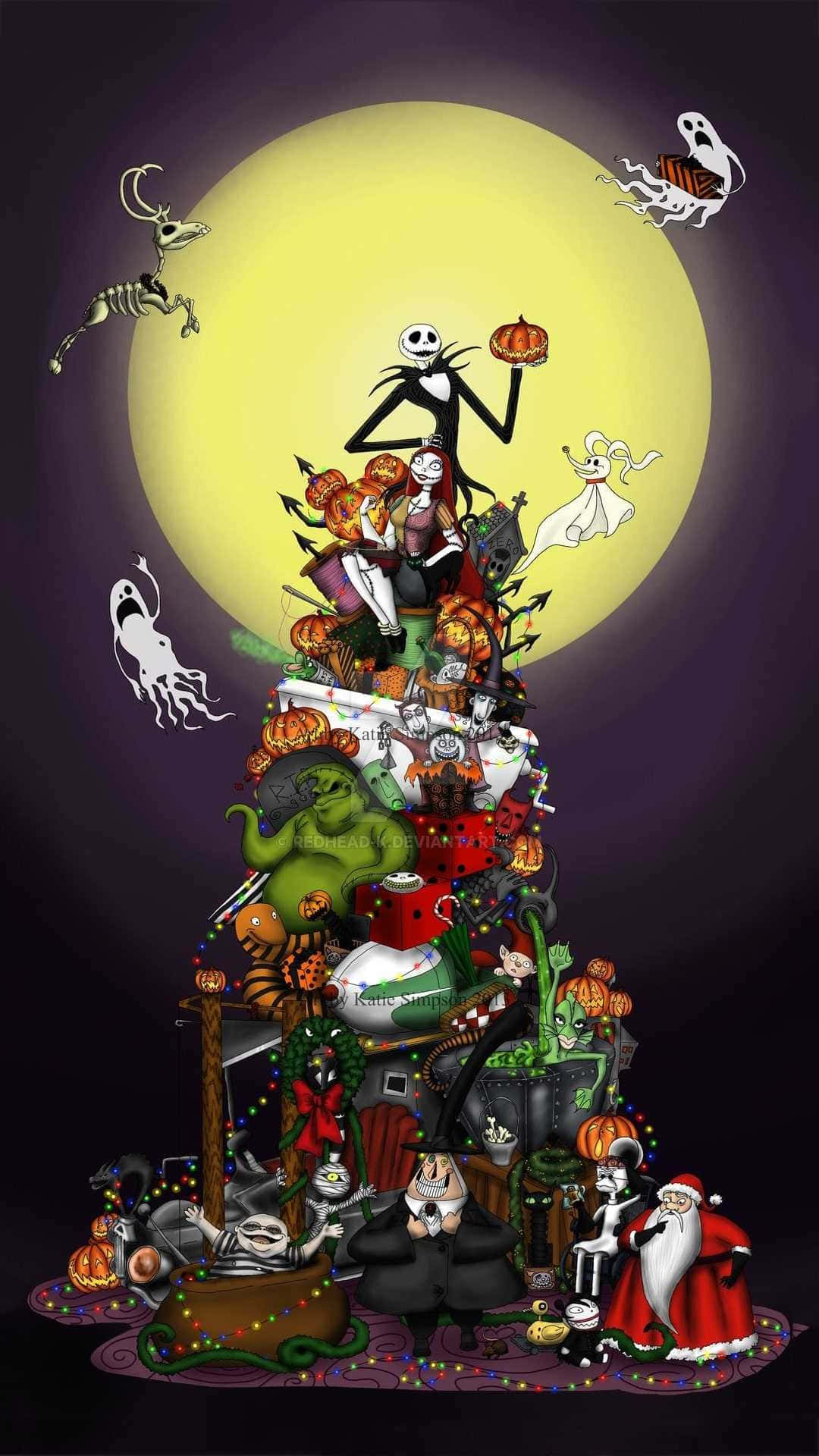 Nightmare Before Christmas Phone 桌布 壁紙 — 在巨大的黃色月亮下，由萬聖節角色組成的混亂高聳聖誕樹。