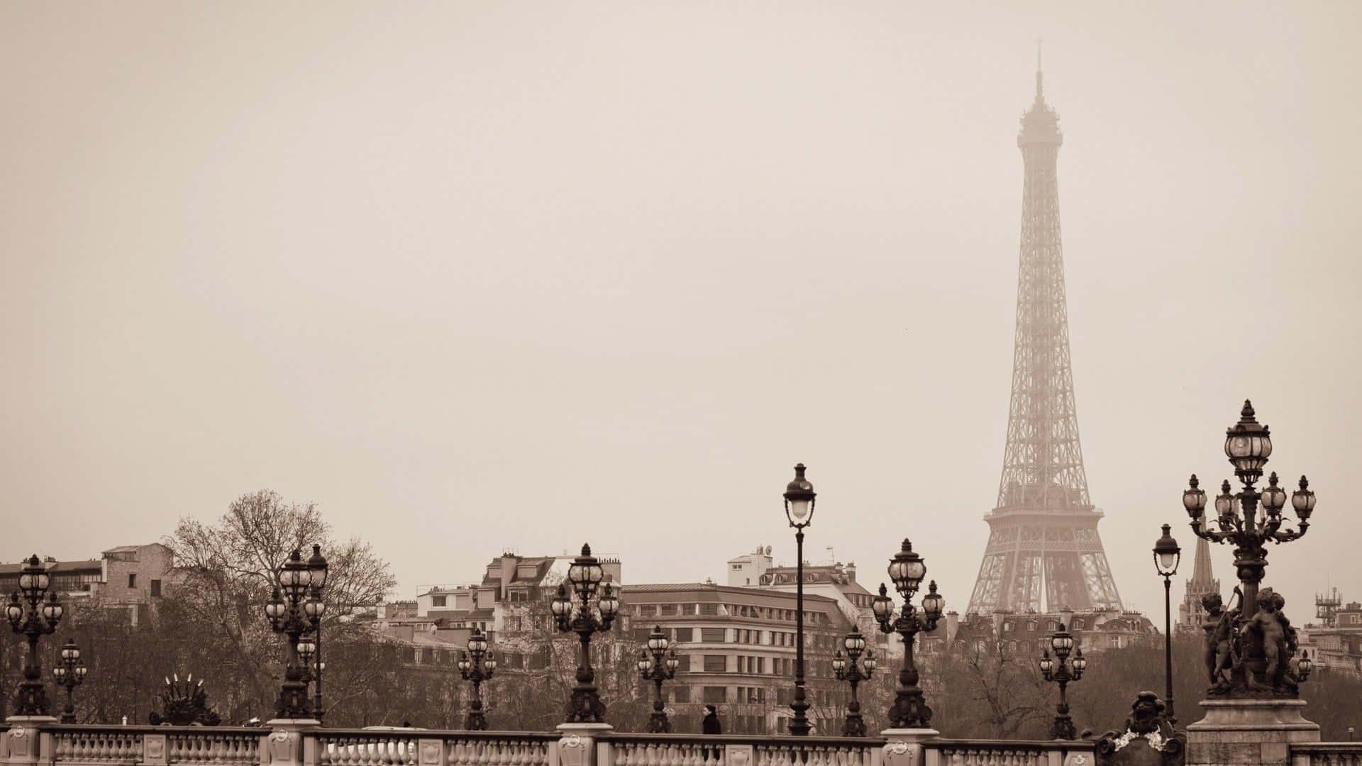 Eiffel Tower 桌布 壁紙 — 在巴黎一個朦朧的日子，透過華麗的路燈看到的艾菲爾鐵塔的懷舊棕色調景色。
