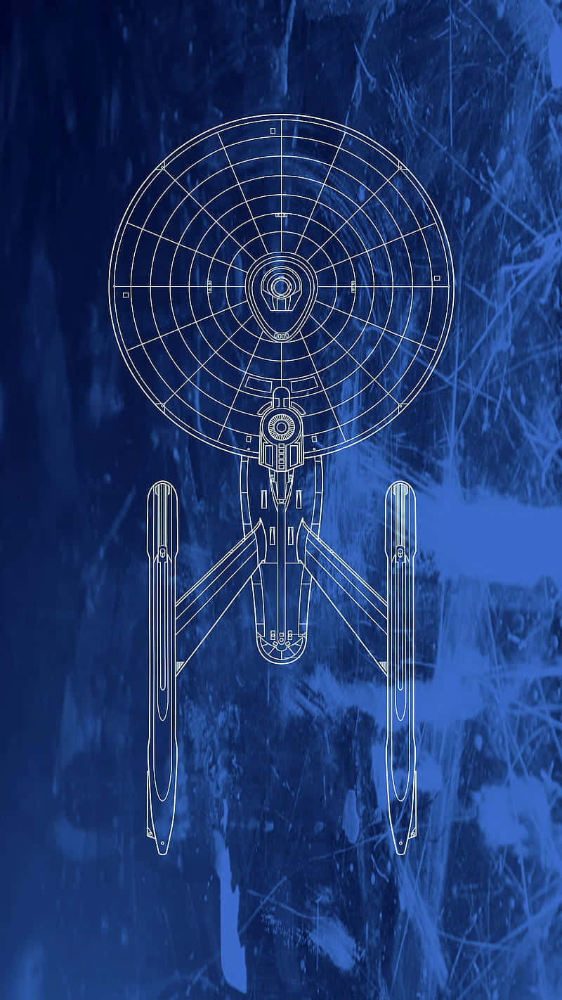 Star Trek Enterprise 桌布 壁紙 — 在帶有刮痕和污漬的紋理藍色背景上，白色線條繪製的星艦藍圖。