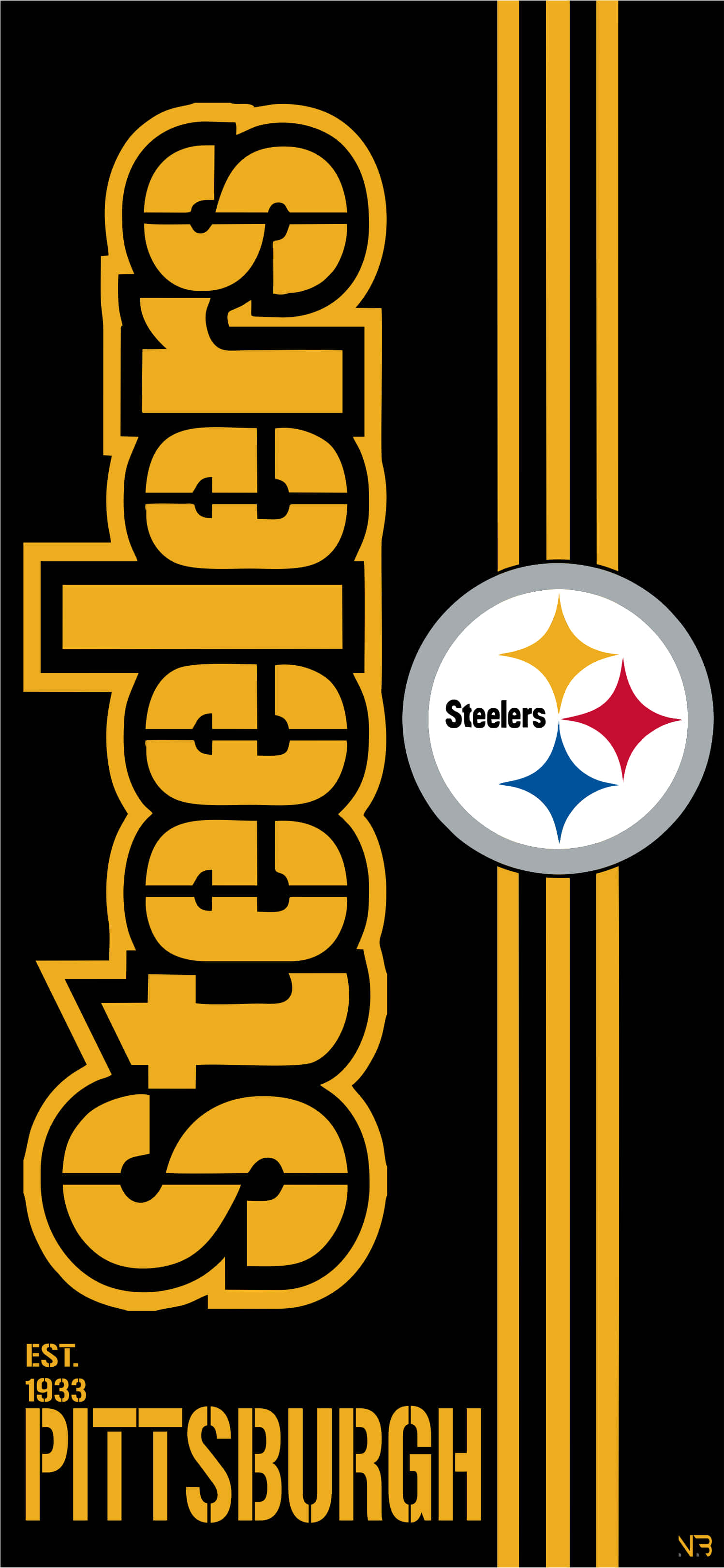 Steelers iPhone 桌布 壁紙 — 在帶有垂直條紋的黑色背景上，以金色和黑色呈現大膽的匹茲堡鋼人隊標誌和球隊名稱。