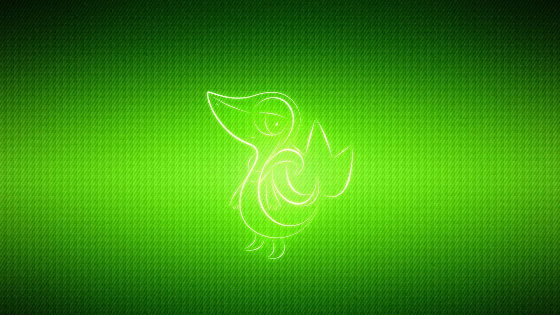 寶可夢 桌布 壁紙 — 在帶有對角線條紋的鮮豔綠色漸變背景上，一隻風格化鳥類生物的發光白色線條藝術剪影。