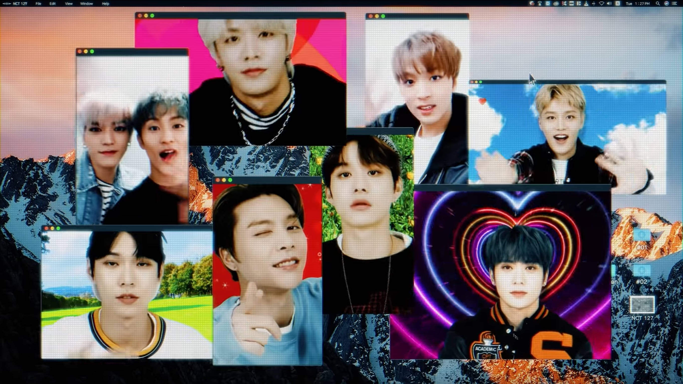 Nct 桌布 壁紙 — 在帶有山脈桌布的桌面上，色彩繽紛的視窗中展示K-pop偶像的拼貼畫。